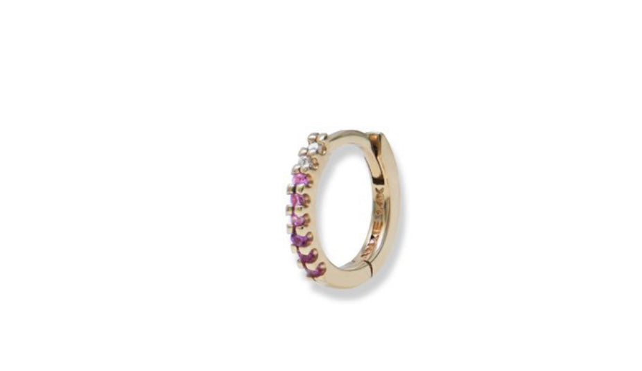 Anzie 14k Yellow Gold Mel Soldera Luca Single Mini Huggie with Diamond and Pink Sapphire - Jackson Hole Jewelry Company