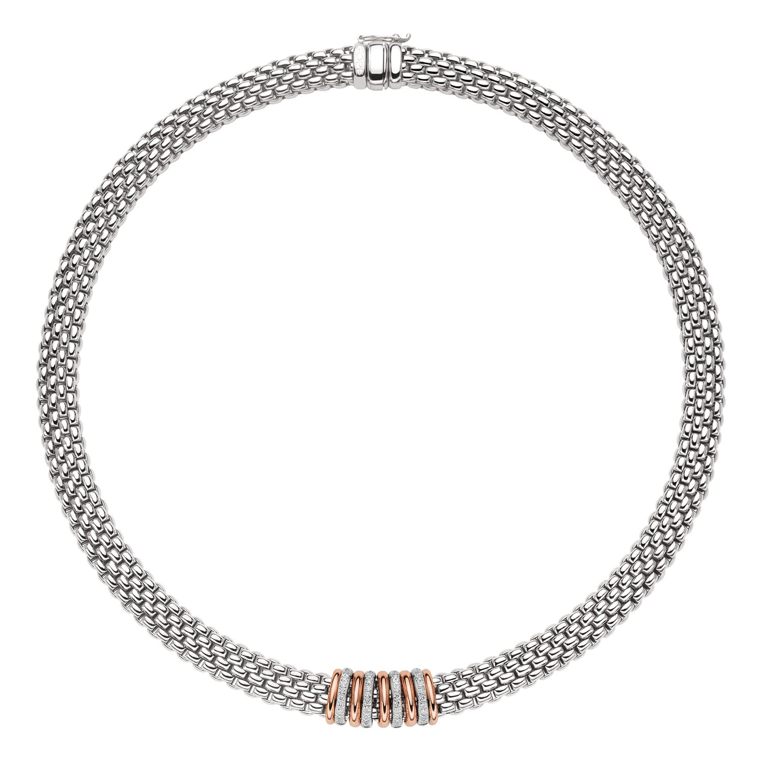 FOPE PANORAMA 18K White Gold Necklace with White Diamonds and Rose Gold Rondels - 0.30 carats - Jackson Hole Jewelry Company