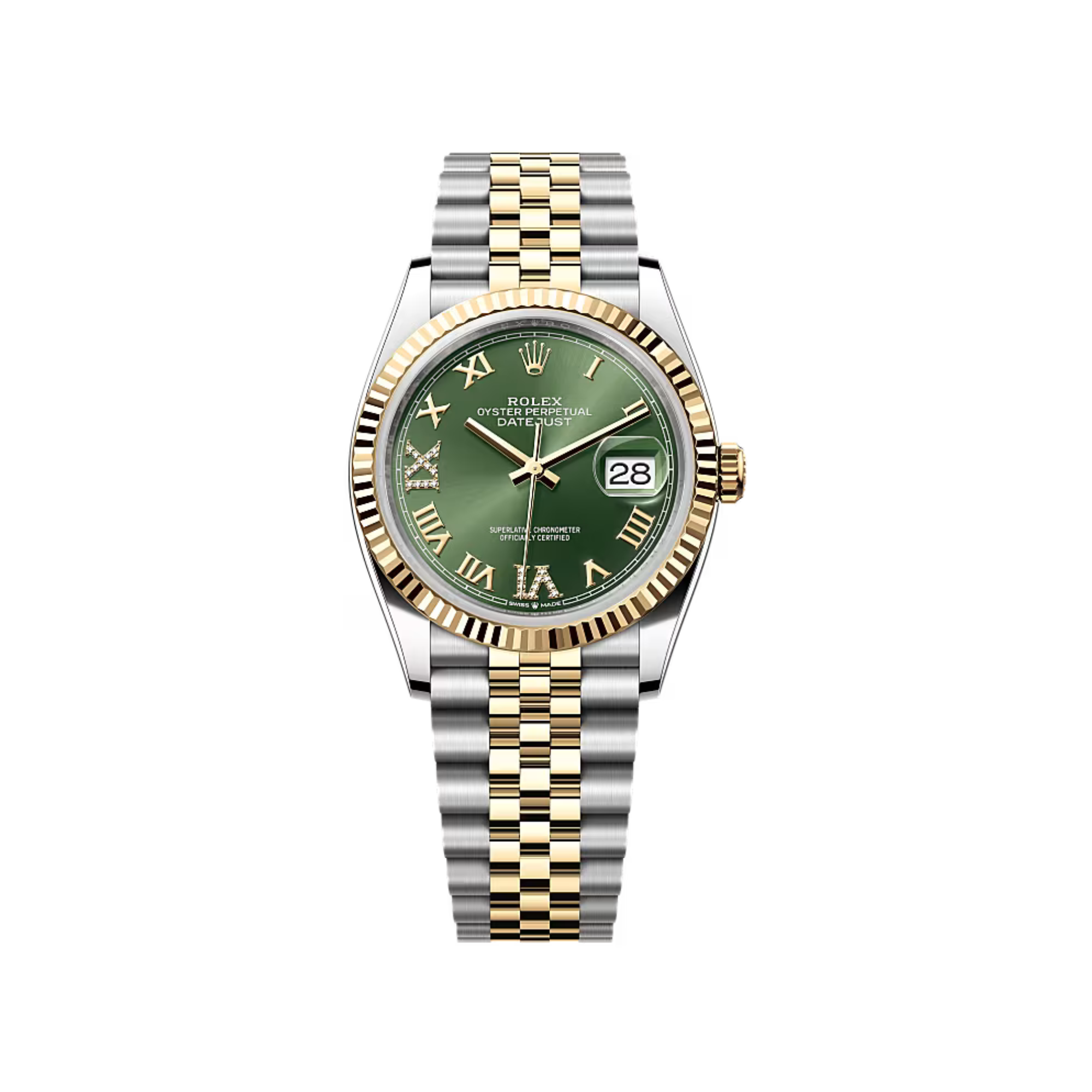 Rolex Datejust 36mm Olive Dial with Diamond IV & IX Fluted Bezel in Steel and Yellow Gold - Jackson Hole Jewelry Company