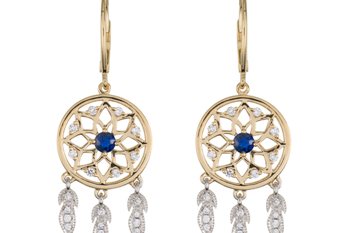 18K Gold with Diamond and Blue Sapphire Dreamcatcher Earrings - Jackson Hole Jewelry Company