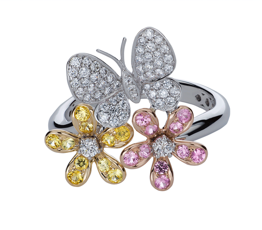 Teton Wildflower Collection Large Butterfly Ring With Diamonds and Multicolored Sapphire in 18K Rose, Yellow and White Gold - Jackson Hole Jewelry Company
