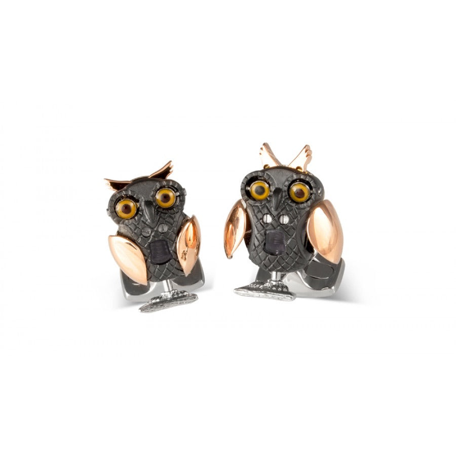 D&F Owl Cufflinks With Rose Gold and Black Rhodium Platting in .925 Sterling Silver - Jackson Hole Jewelry Company