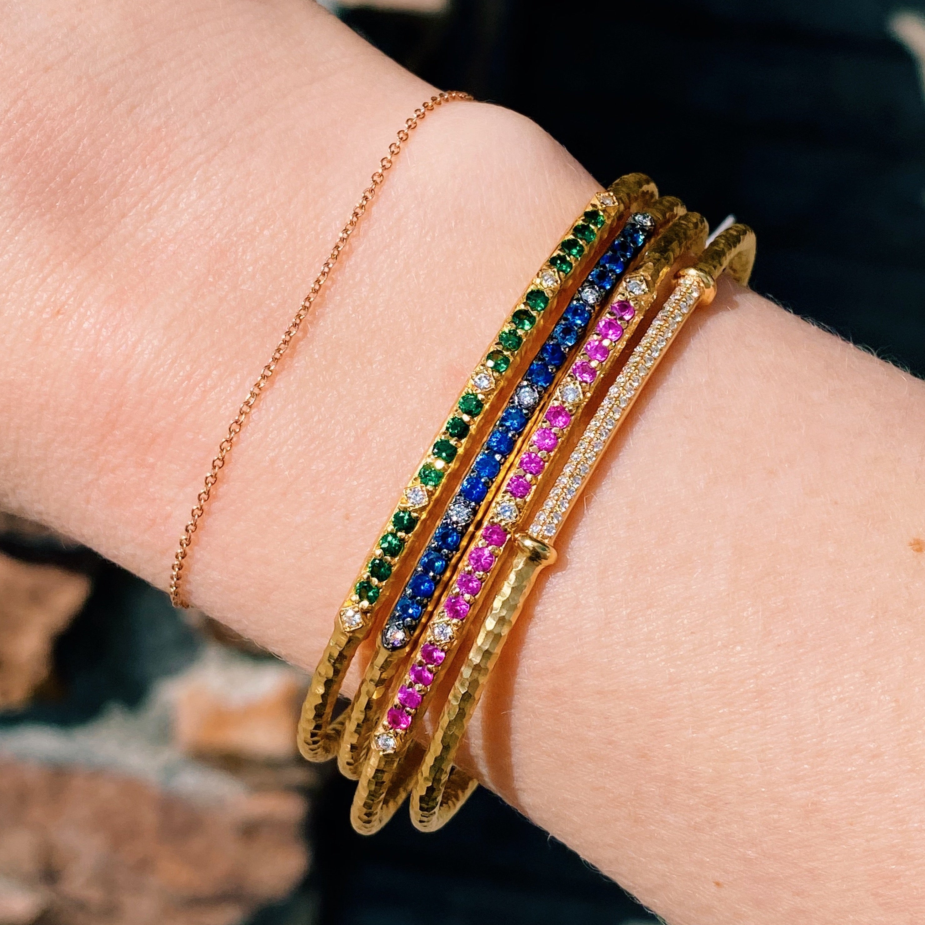 14k Marika Desert Gold Stackable Cuff with Pavé Diamonds and Blue Sapphire - Jackson Hole Jewelry Company