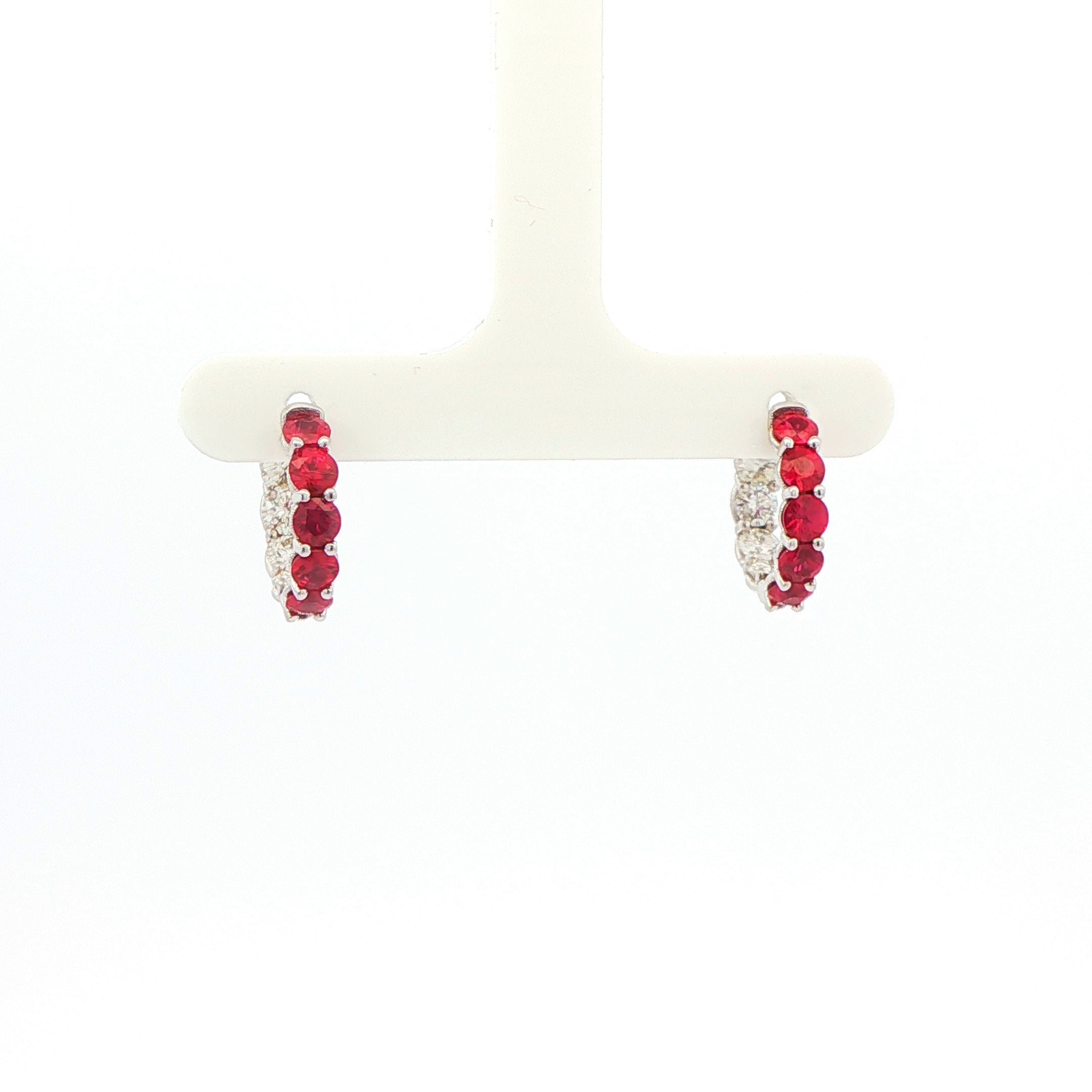 Ruby and Diamond Hoop Earrings in 18K White Gold 3.30 Cttw - Jackson Hole Jewelry Company