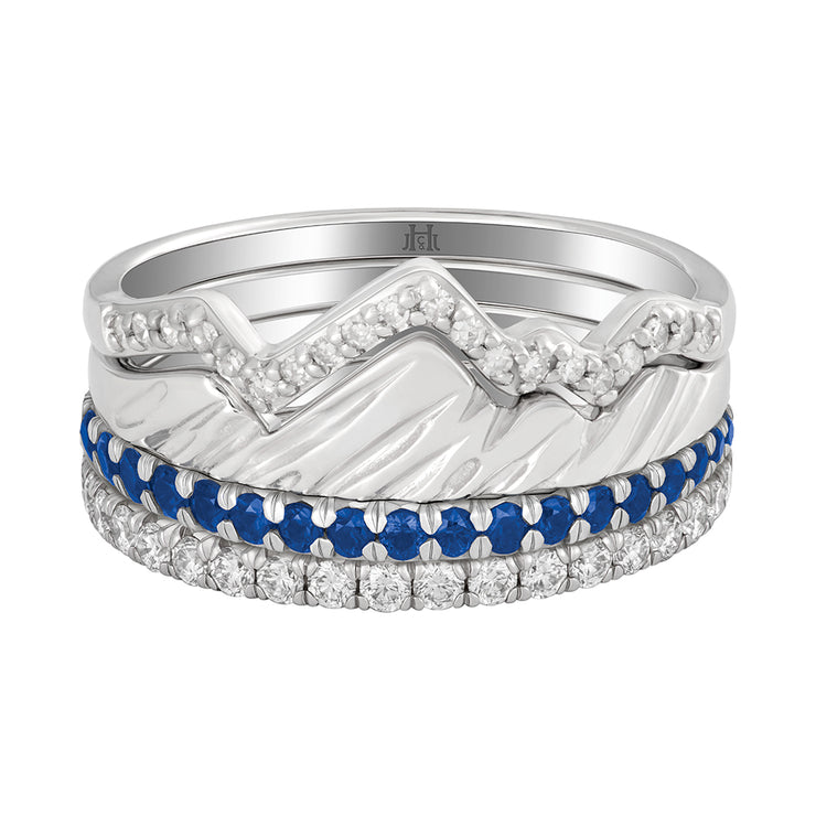 Limited Edition 18 Karat White Duo Stack Teton Stacking Rings™ with French Cut Eternity Sapphire Snake River Band & Diamond Winter Band - Jackson Hole Jewelry Company