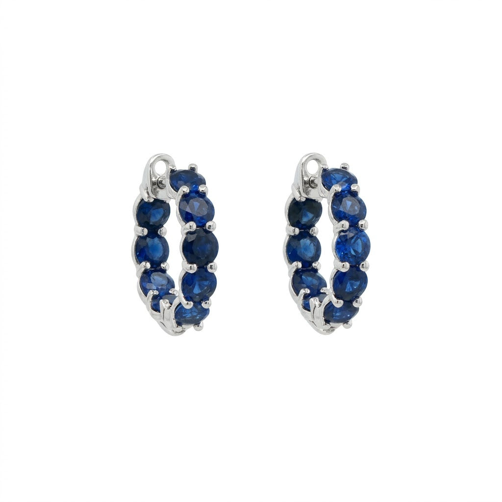 Blue Sapphire Hoop Earrings in 18K White Gold 3.03 Cttw - Jackson Hole Jewelry Company