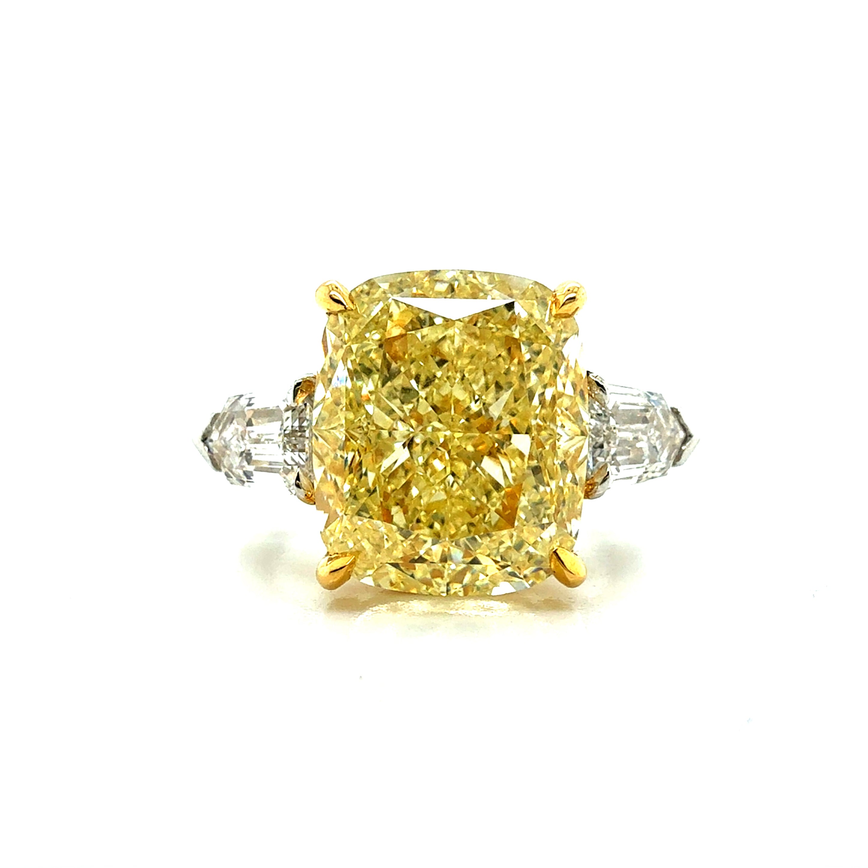 Flawless Fancy Yellow Cushion Diamond Ring with Trapeze Side Diamonds in Platinum & 18K Yellow Gold - 7.78 Carat - Jackson Hole Jewelry Company