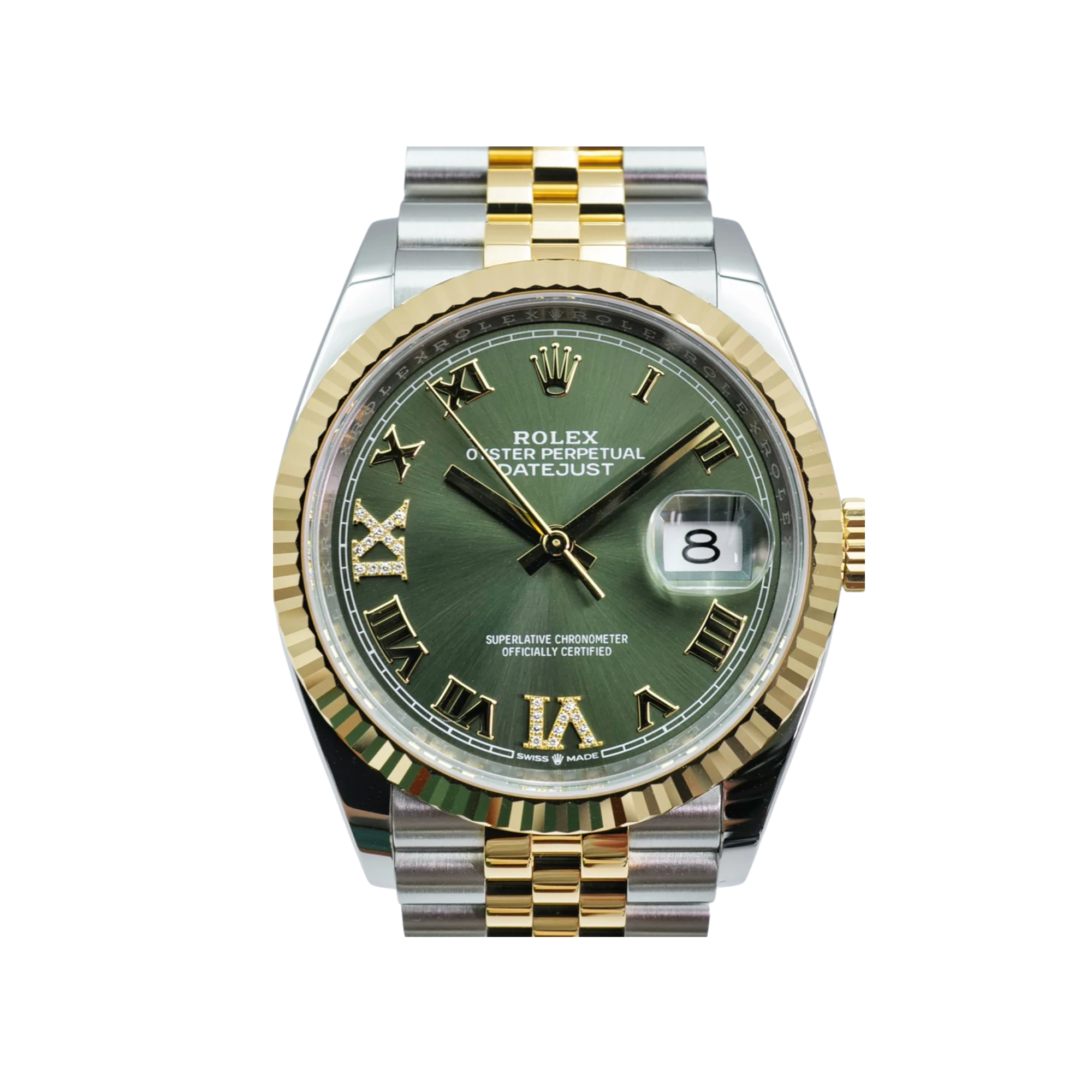 Rolex Datejust 36mm Olive Dial with Diamond IV & IX Fluted Bezel in Steel and Yellow Gold - Jackson Hole Jewelry Company
