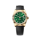 Rolex – Sky-Dweller 42mm  in 18K Yellow Gold with Bright Green Dial on Oysterflex - Jackson Hole Jewelry Company