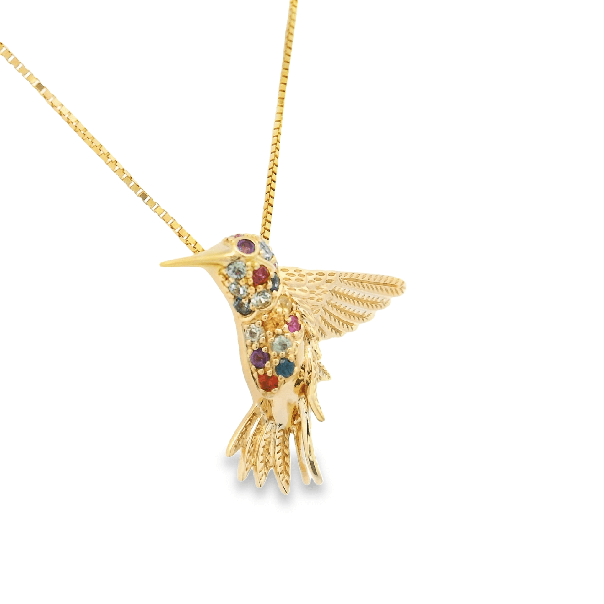 Small 18K Yellow Gold Hummingbird Pin/Pendant with 19 Montana Sapphires=.38cttw Amethyst 0.02ct - Jackson Hole Jewelry Company