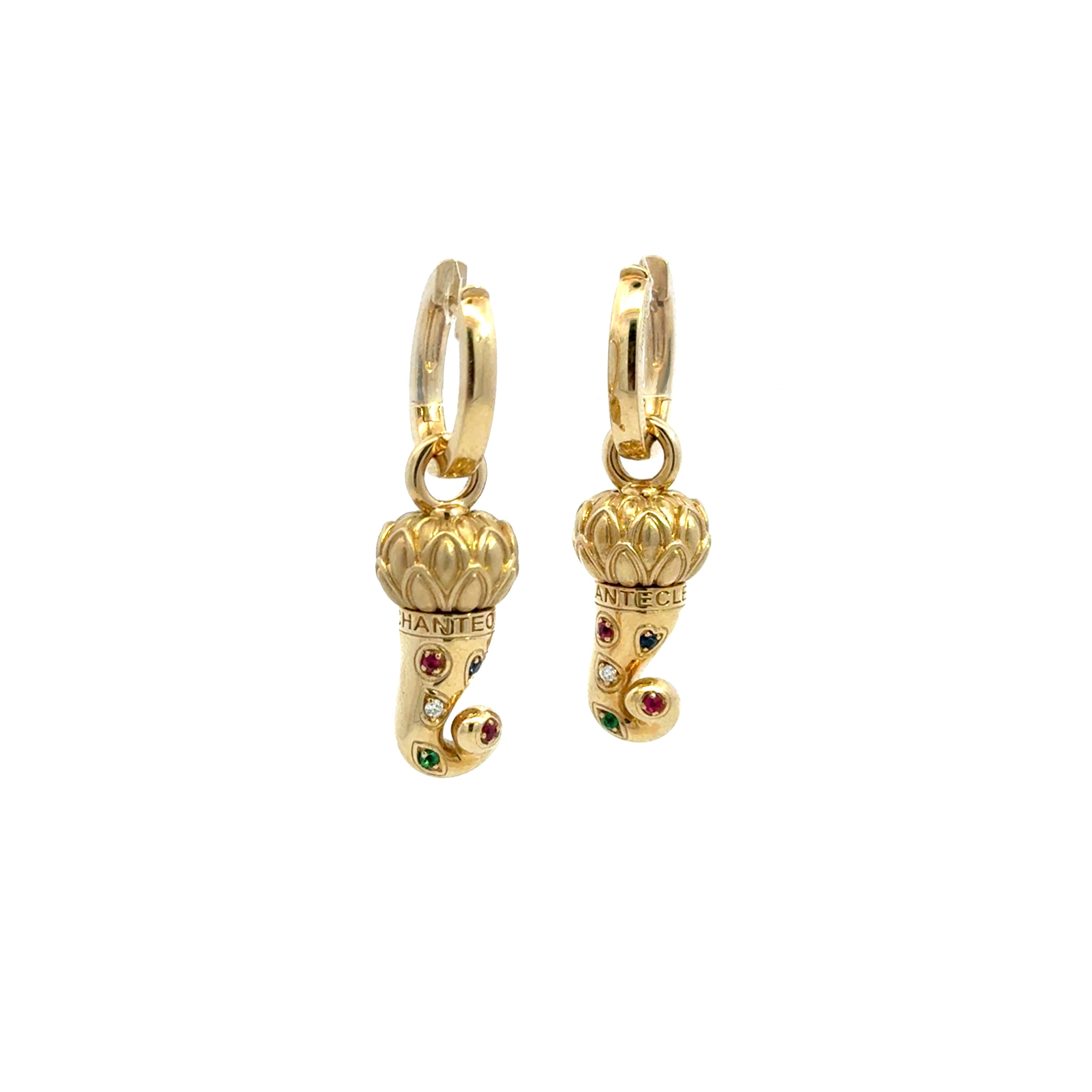Chantecler Corni Small Horn Earrings – 9K Yellow Gold with Diamonds, Rubies, Emeralds & Sapphires - Jackson Hole Jewelry Company