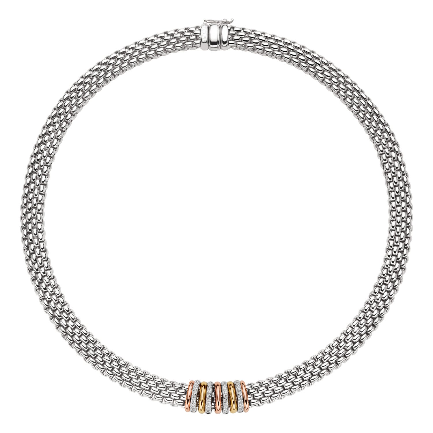 FOPE PANORAMA 18K White Gold Necklace with White Diamonds and Tri-Gold Rondels - 0.30 carats - Jackson Hole Jewelry Company