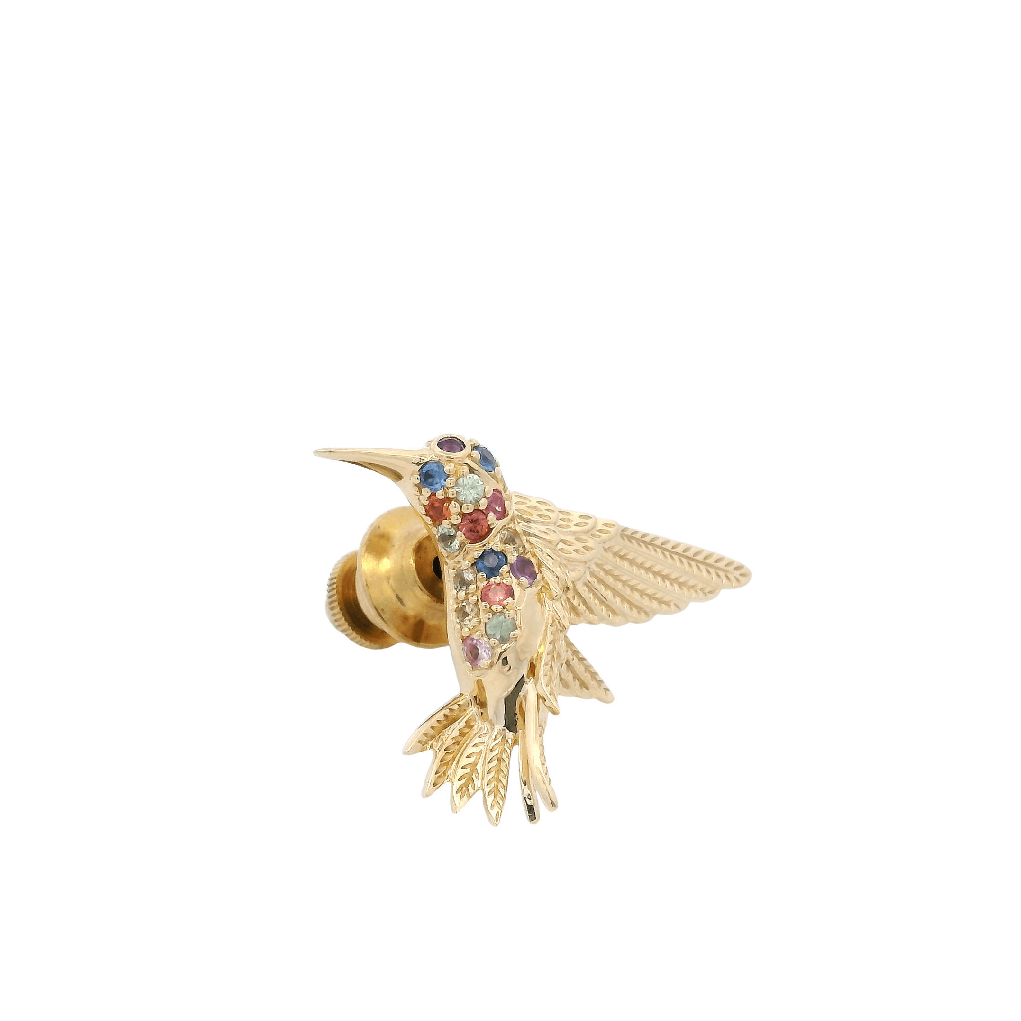 Small 18K Yellow Gold Hummingbird Pin/Pendant with 19 Montana Sapphires=.38cttw Amethyst 0.02ct - Jackson Hole Jewelry Company