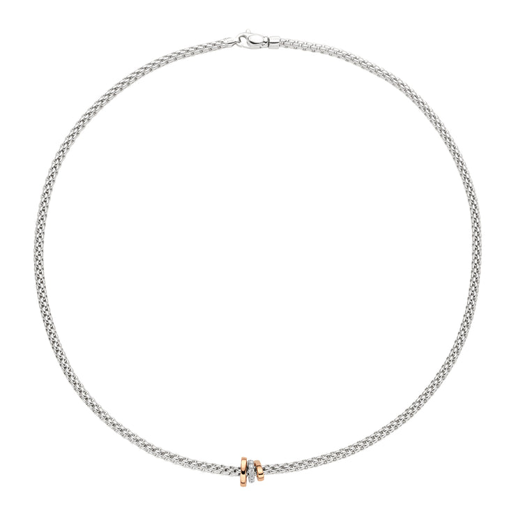 FOPE PRIMA 18K White Gold Necklace With Rose Gold Rondels and White Diamonds - 0.10 carats