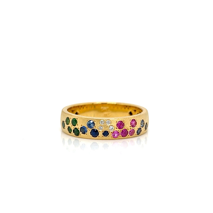 14K YELLOW GOLD BAND WITH MULTICOLORED SAPPHIRE AND DIAMONDS