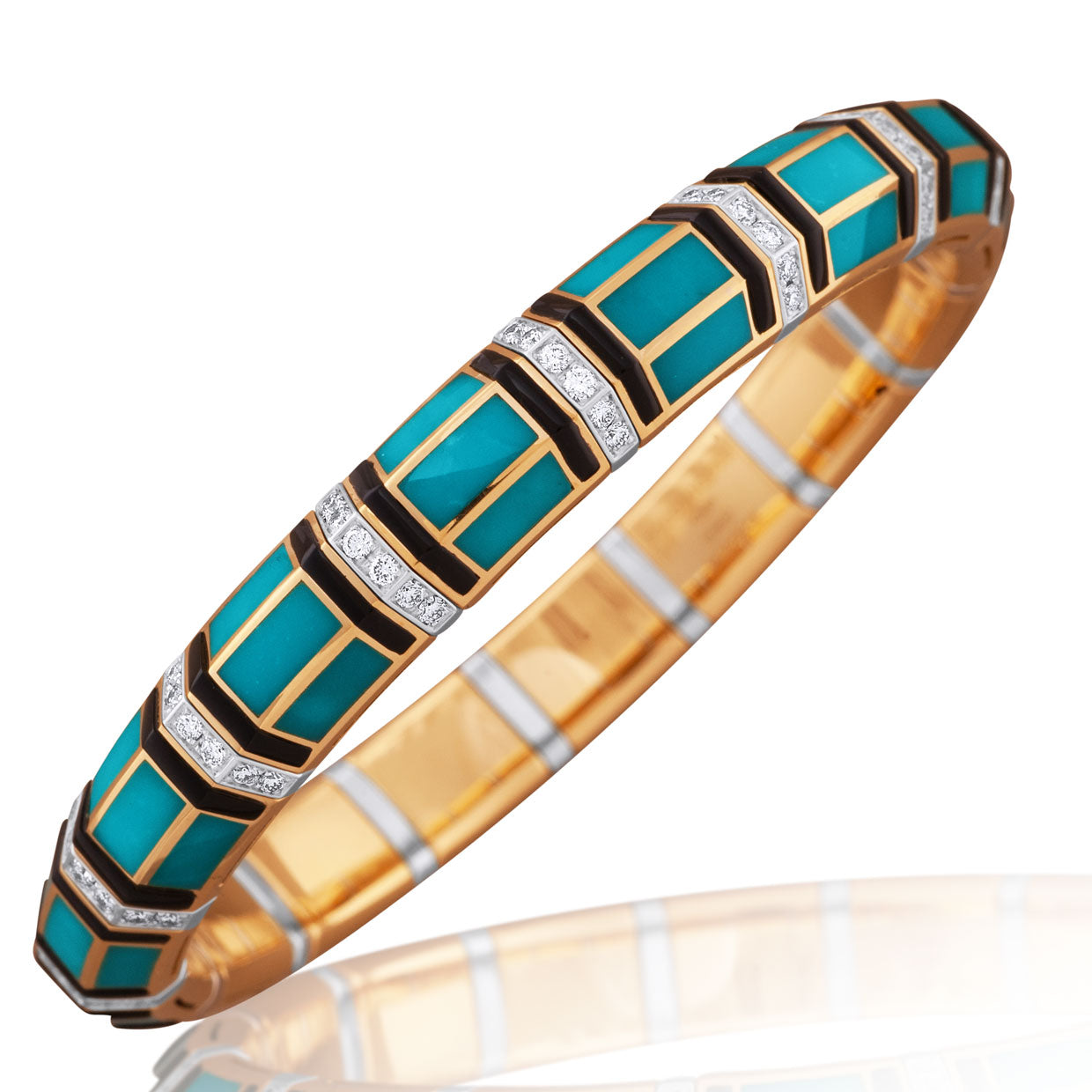 Picchiotti - Xpandable™ Turquoise and Onyx Bracelet with Round Diamonds in 18K Yellow and White Gold - Jackson Hole Jewelry Company