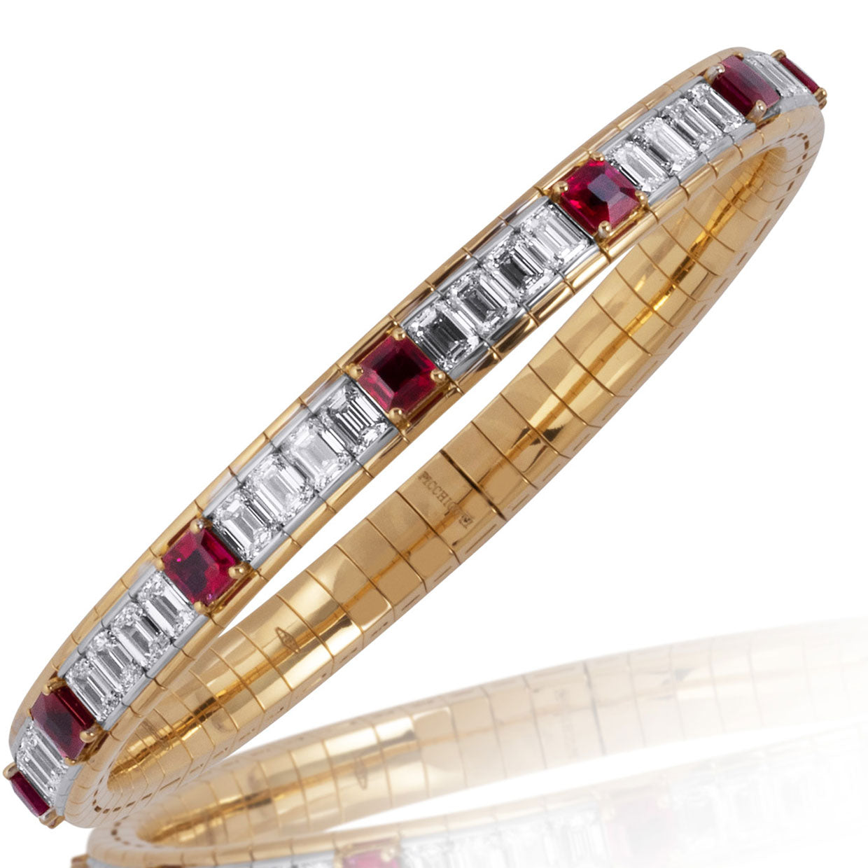 Picchiotti Xpandable™ Burmese Ruby & Emerald-Cut Diamond Bracelet in 18K Yellow Gold 15.87 cttw - Jackson Hole Jewelry Company