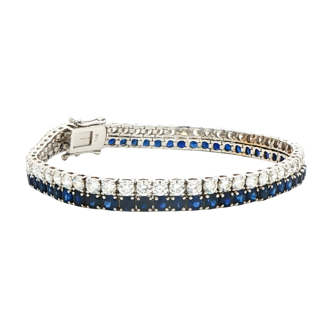 Blue Sapphire and Diamond Two Row Tennis Bracelet in 18K White Gold 12.95 Cttw - Jackson Hole Jewelry Company
