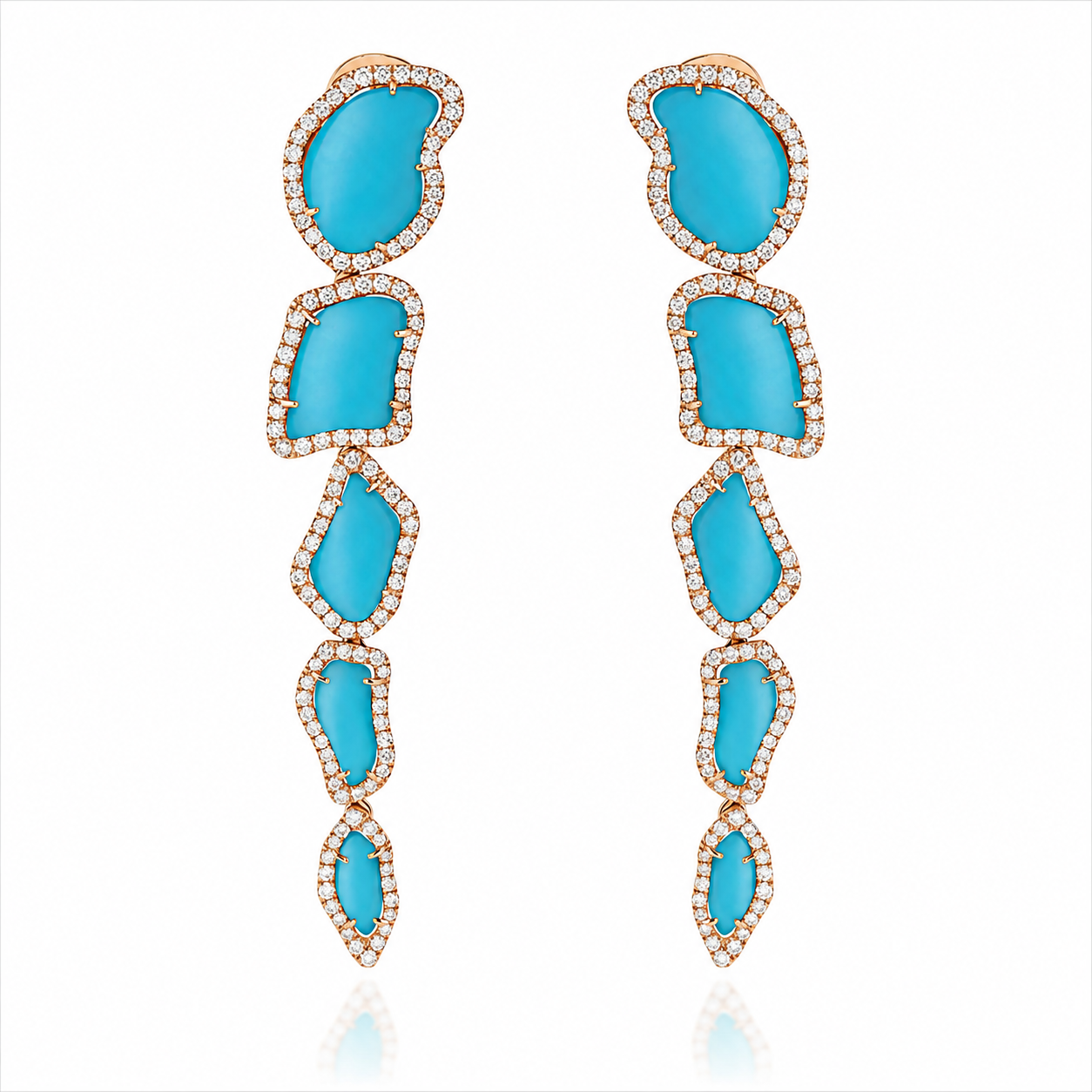 Chantecler Enchanté Long Drop Earrings in 18K Rose Gold with White Diamonds and Turquoise - Jackson Hole Jewelry Company
