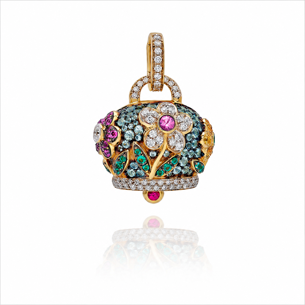 Chantecler Large Campanella Flowers Charm in 18K Yellow Gold with Diamonds, Paraiba, Emeralds and Pink Sapphires - Jackson Hole Jewelry Company