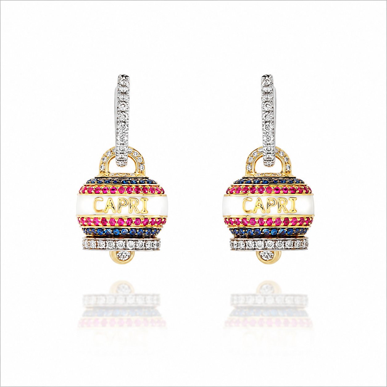 Chantecler Medium Campanella Capriness Earrings in 18K Yellow Gold with Diamonds, Rubies, Sapphires and White Enamel - Jackson Hole Jewelry Company