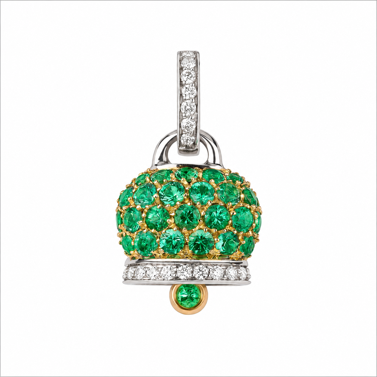 Chantecler Medium Campanella Diamond and Emerald Pavé Charm in 18K White and Yellow Gold - Jackson Hole Jewelry Company