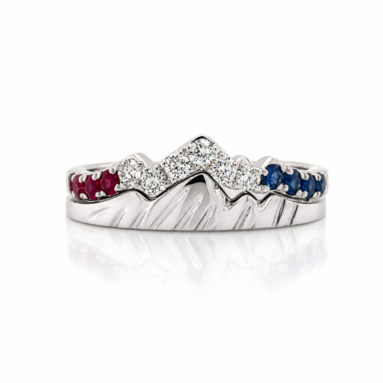USA Diamond Duo Stack Ring with Rubies and Sapphires in 18K White Gold - Jackson Hole Jewelry Company