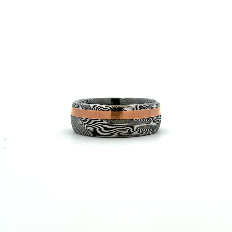 Lashbrook Men’s Damascus Ring with Satin Rose Gold Inlay and Acid Finish