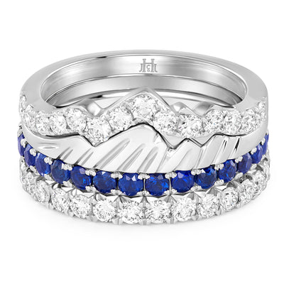 LUXE EDITION: 18 Karat White Duo Stack Teton Stacking Rings™ with French Cut Eternity Sapphire Snake River Band & Diamond Winter Band - Jackson Hole Jewelry Company