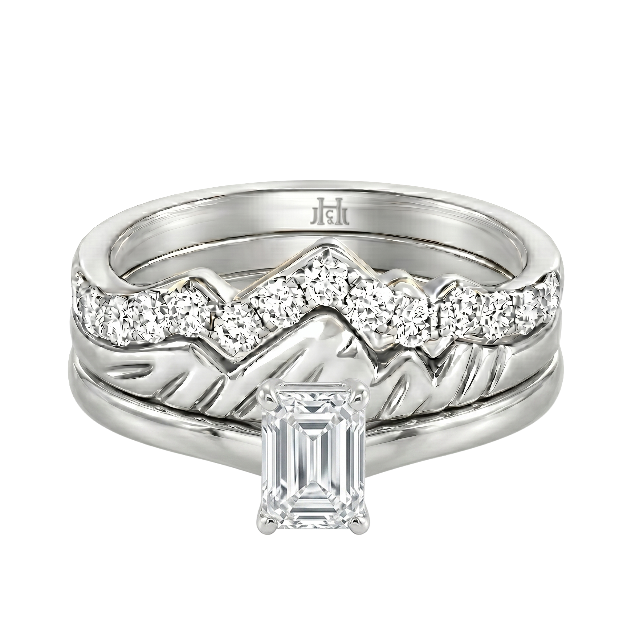 Le PeTeton Emerald Cut Diamond Solitaire Engagement Trio Stack Rings in 18K Gold - Jackson Hole Jewelry Company