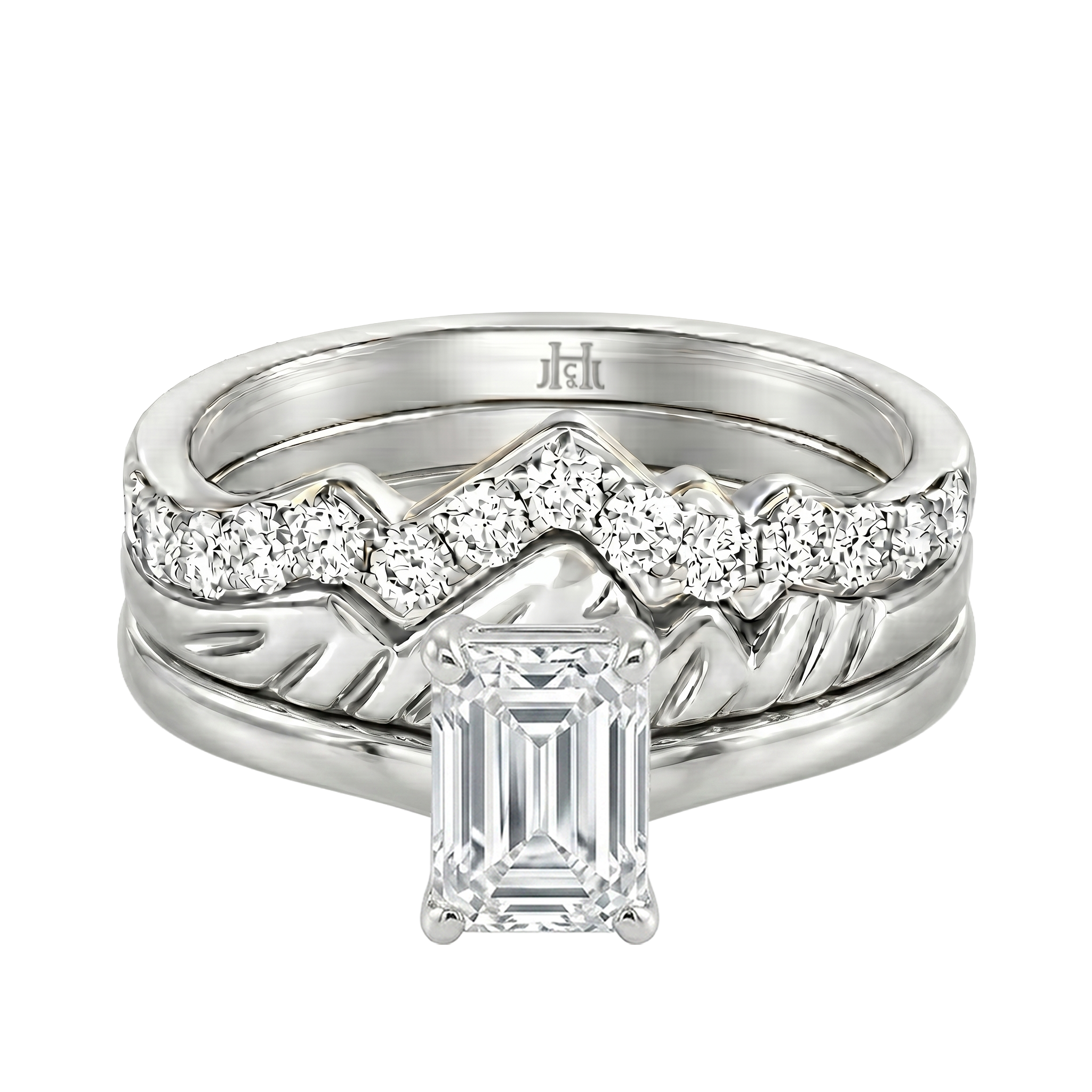 Le Grande Teton Emerald Cut Diamond Solitaire Engagement Trio Stack Rings in 18K Gold - Jackson Hole Jewelry Company