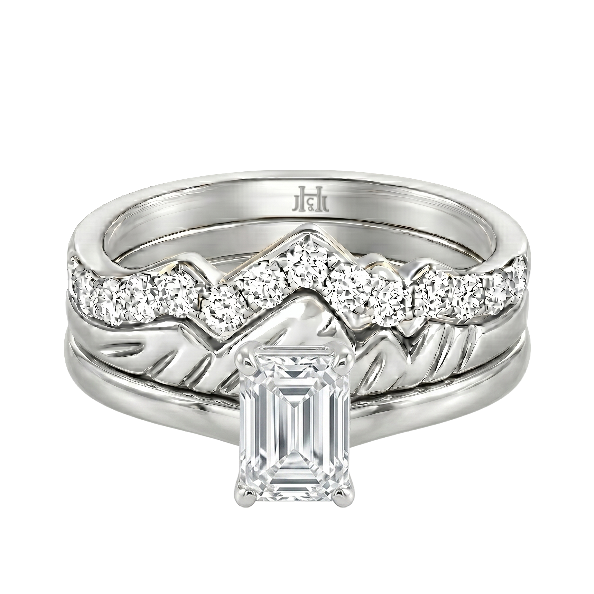 Le Grande Teton Emerald Cut Diamond Solitaire Engagement Trio Stack Rings in 18K Gold - Jackson Hole Jewelry Company
