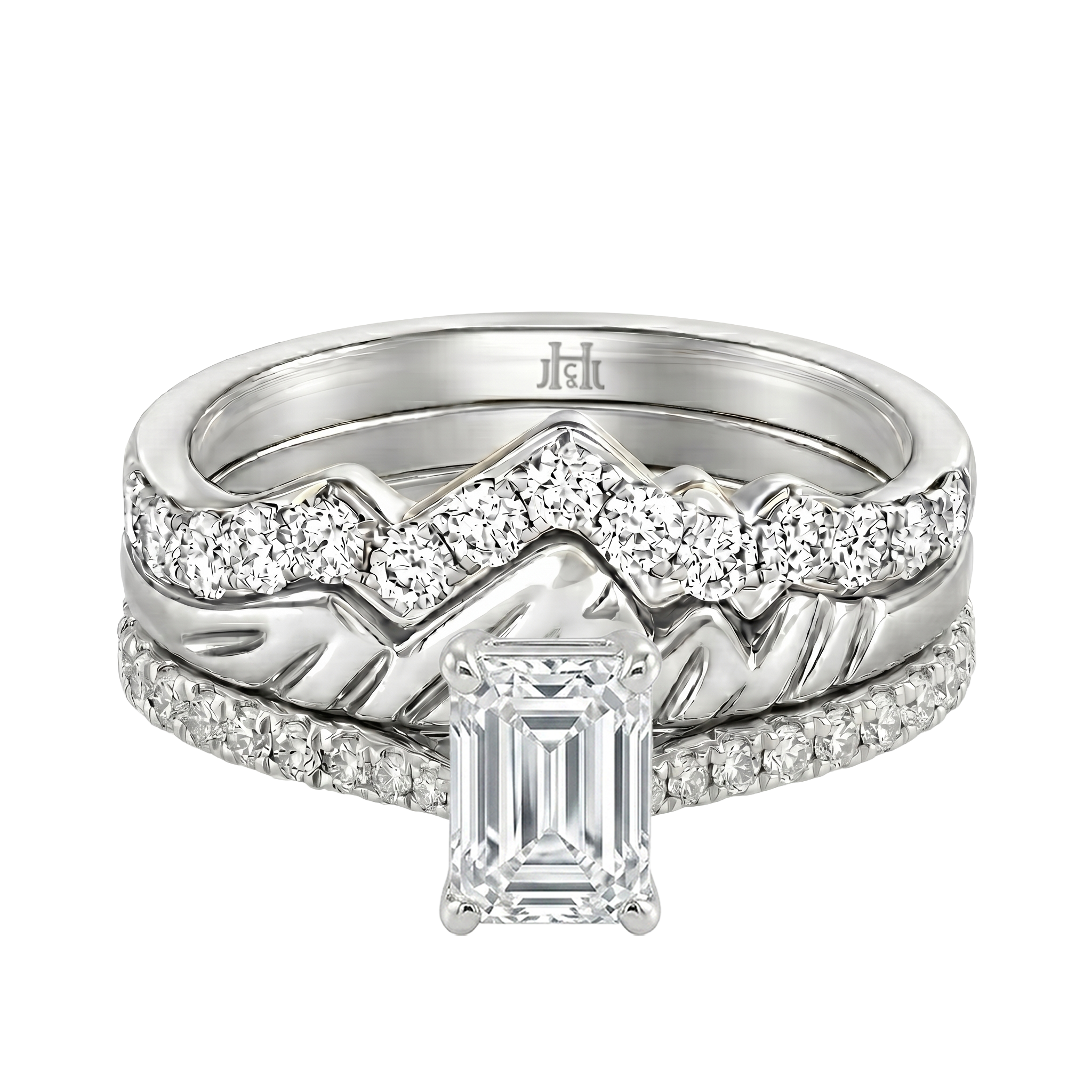 Le Grande Teton Emerald Cut Diamond Solitaire Engagement Trio Stack Rings with Pavé Set in 18K Gold - Jackson Hole Jewelry Company