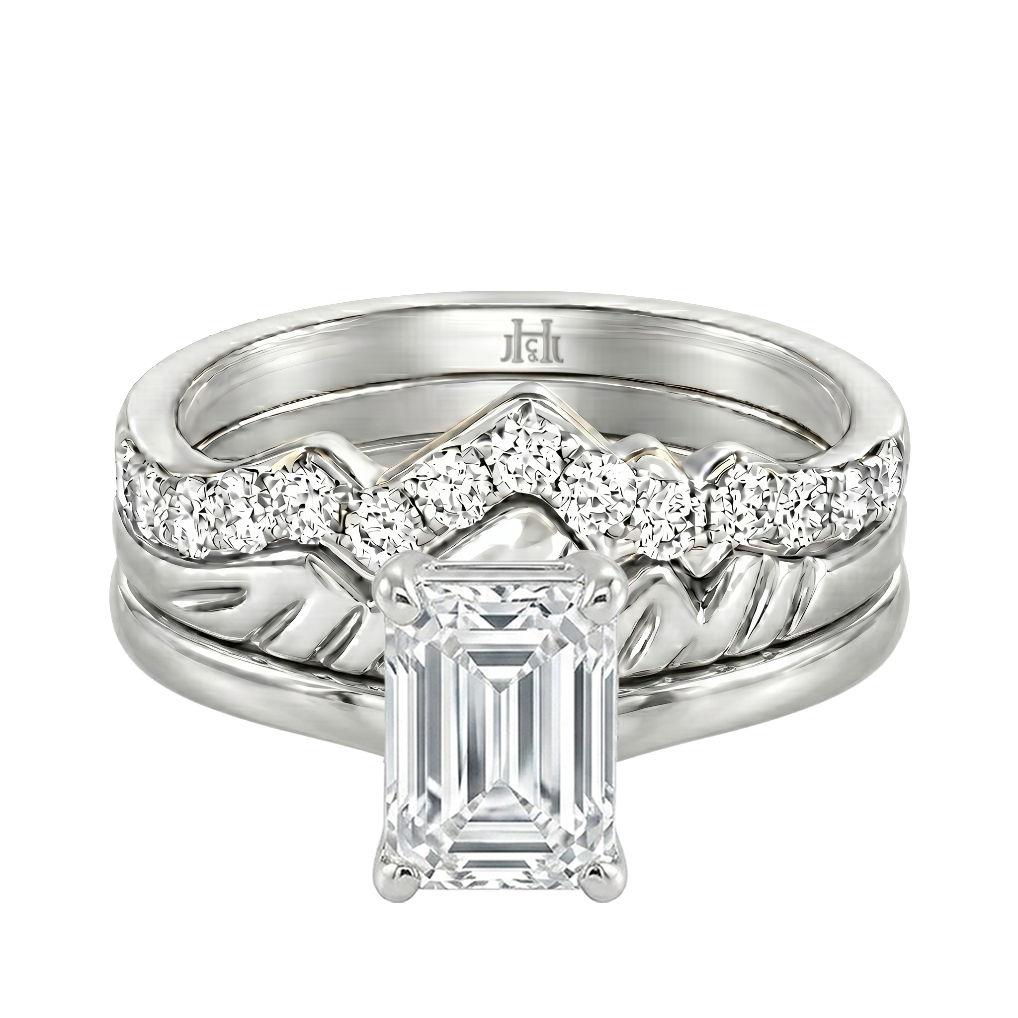 Le Grande Teton Emerald Cut Diamond Solitaire Engagement Trio Stack Rings in 18K Gold - Jackson Hole Jewelry Company