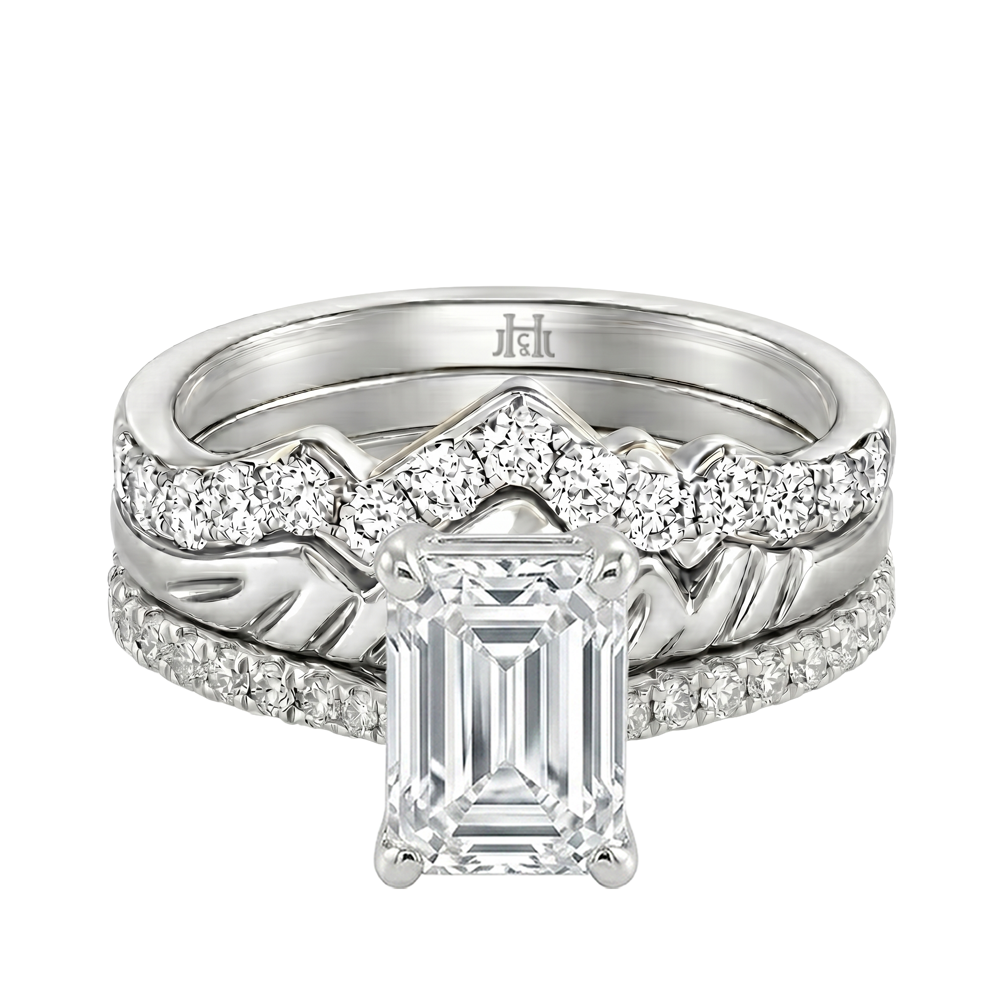 Le Grande Teton Emerald Cut Diamond Solitaire Engagement Trio Stack Rings with Pavé Set in 18K Gold - Jackson Hole Jewelry Company