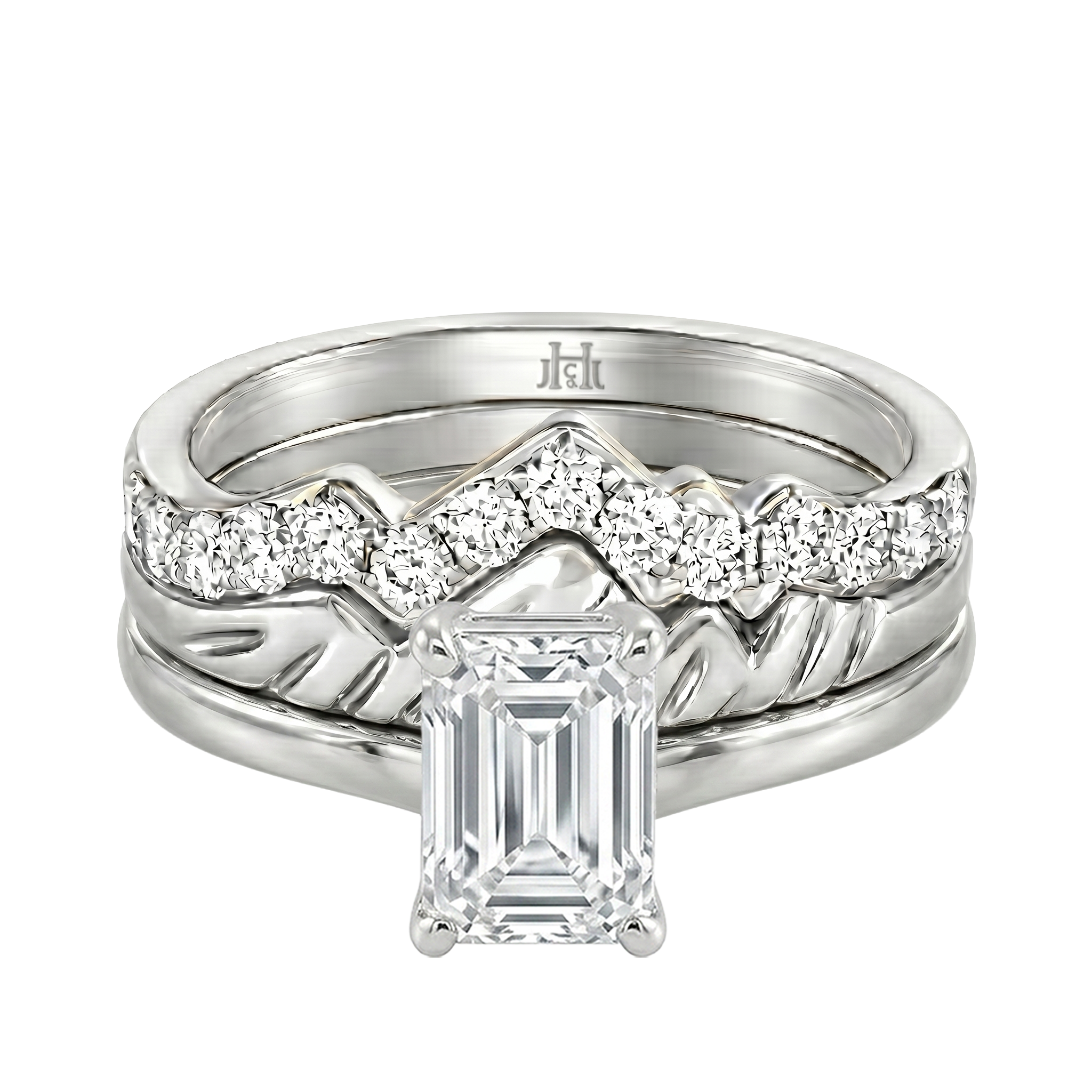 Le Grande Teton Emerald Cut Diamond Solitaire Engagement Trio Stack Rings in 18K Gold - Jackson Hole Jewelry Company