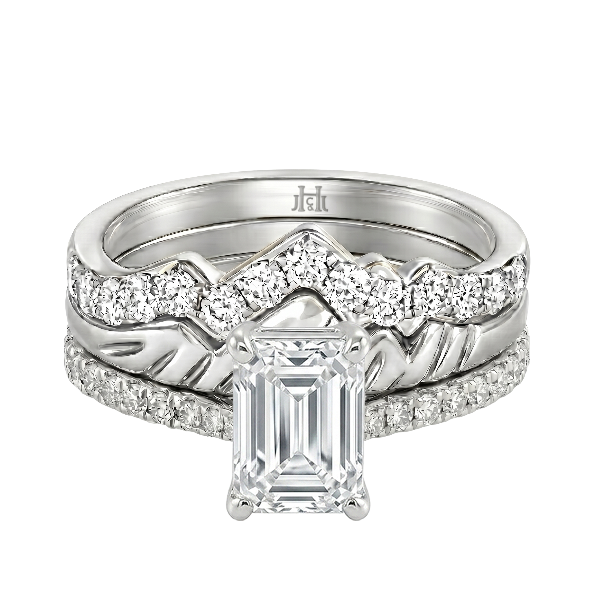 Le Grande Teton Emerald Cut Diamond Solitaire Engagement Trio Stack Rings with Pavé Set in 18K Gold - Jackson Hole Jewelry Company
