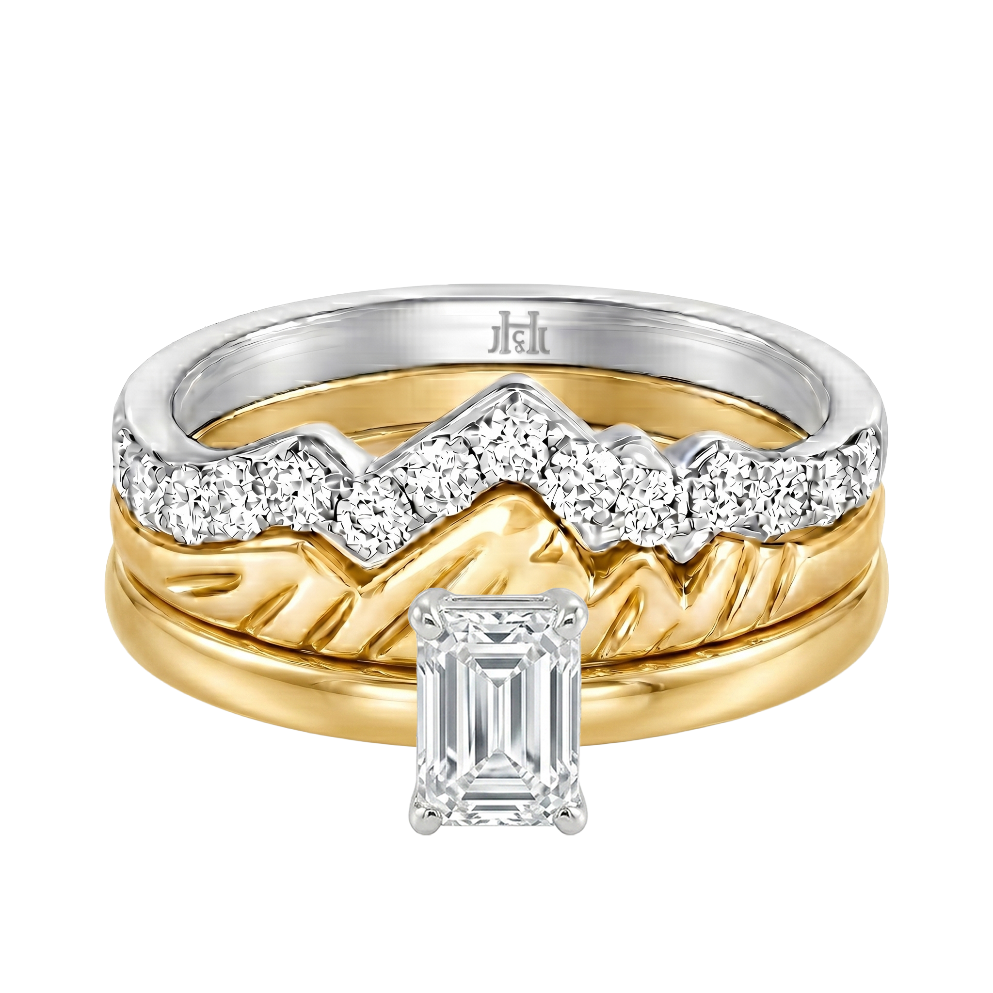 Le PeTeton Emerald Cut Diamond Solitaire Engagement Trio Stack Rings in 18K Gold - Jackson Hole Jewelry Company