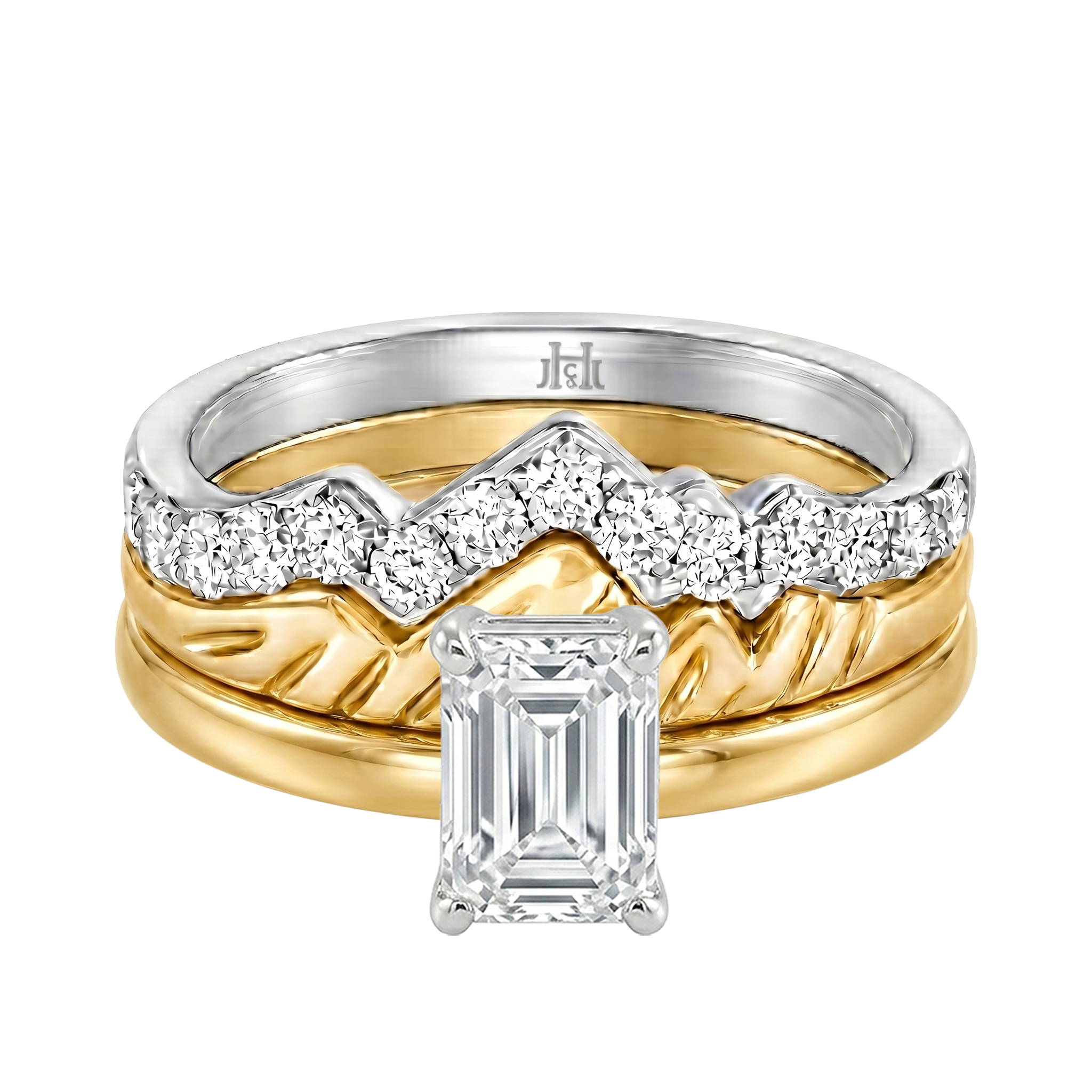 Le Grande Teton Emerald Cut Diamond Solitaire Engagement Trio Stack Rings in 18K Gold - Jackson Hole Jewelry Company