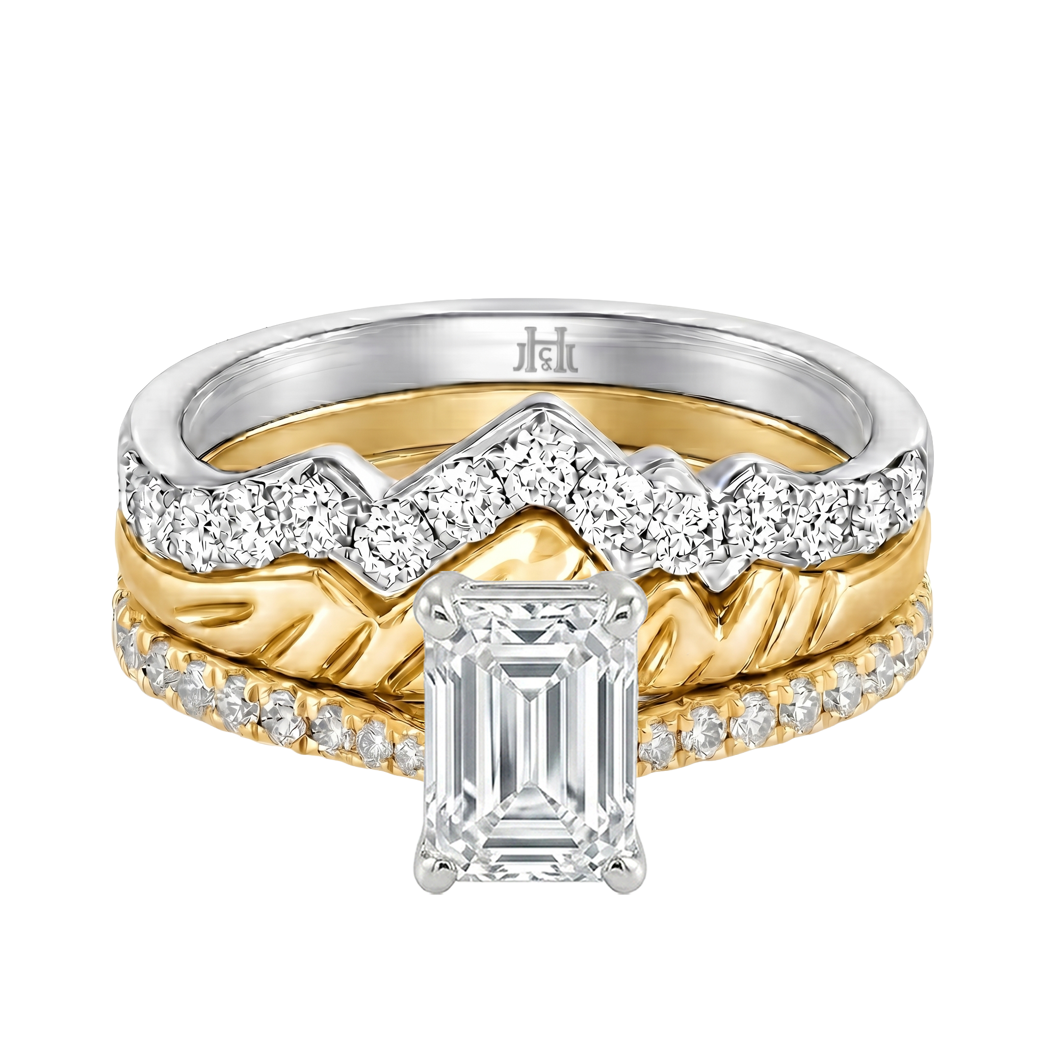 Le Grande Teton Emerald Cut Diamond Solitaire Engagement Trio Stack Rings with Pavé Set in 18K Gold - Jackson Hole Jewelry Company