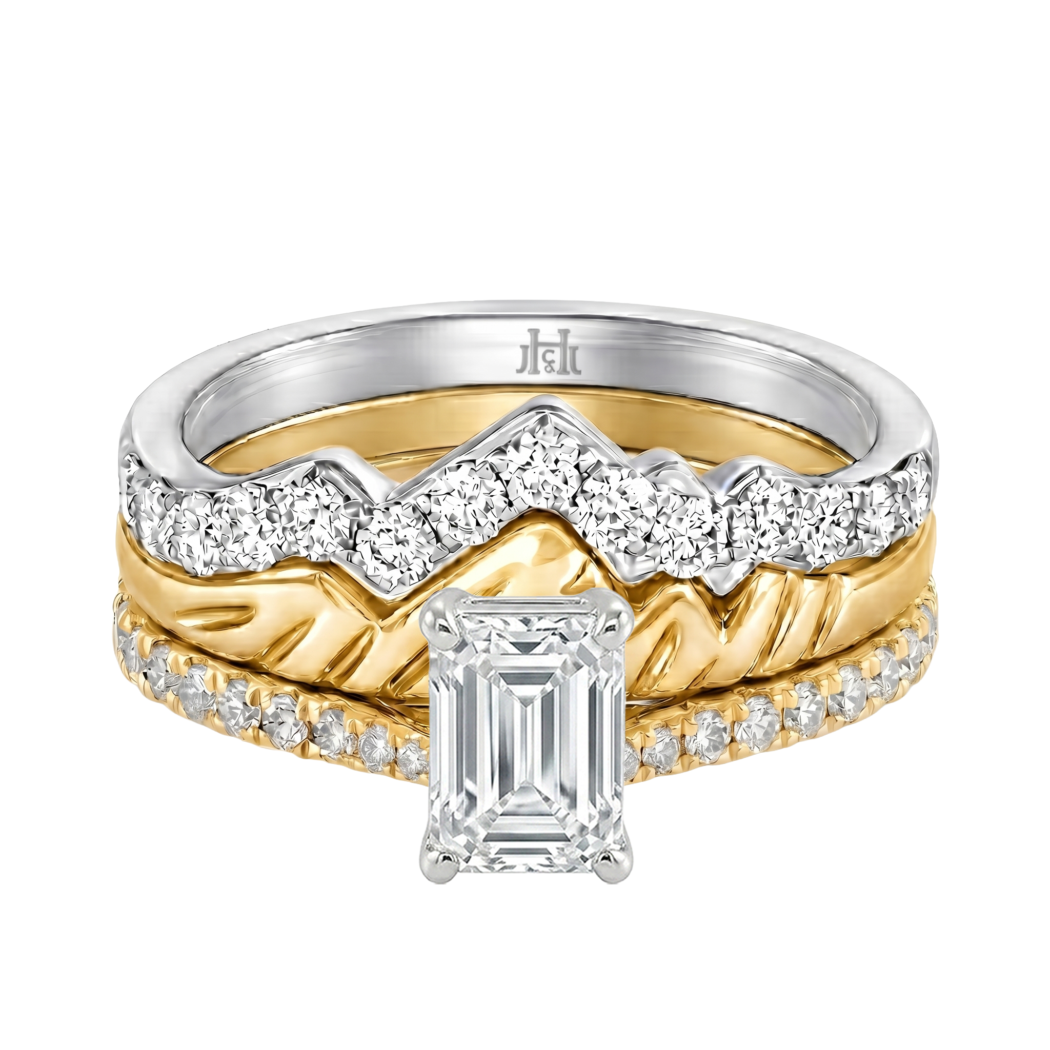 Le Grande Teton Emerald Cut Diamond Solitaire Engagement Trio Stack Rings with Pavé Set in 18K Gold - Jackson Hole Jewelry Company