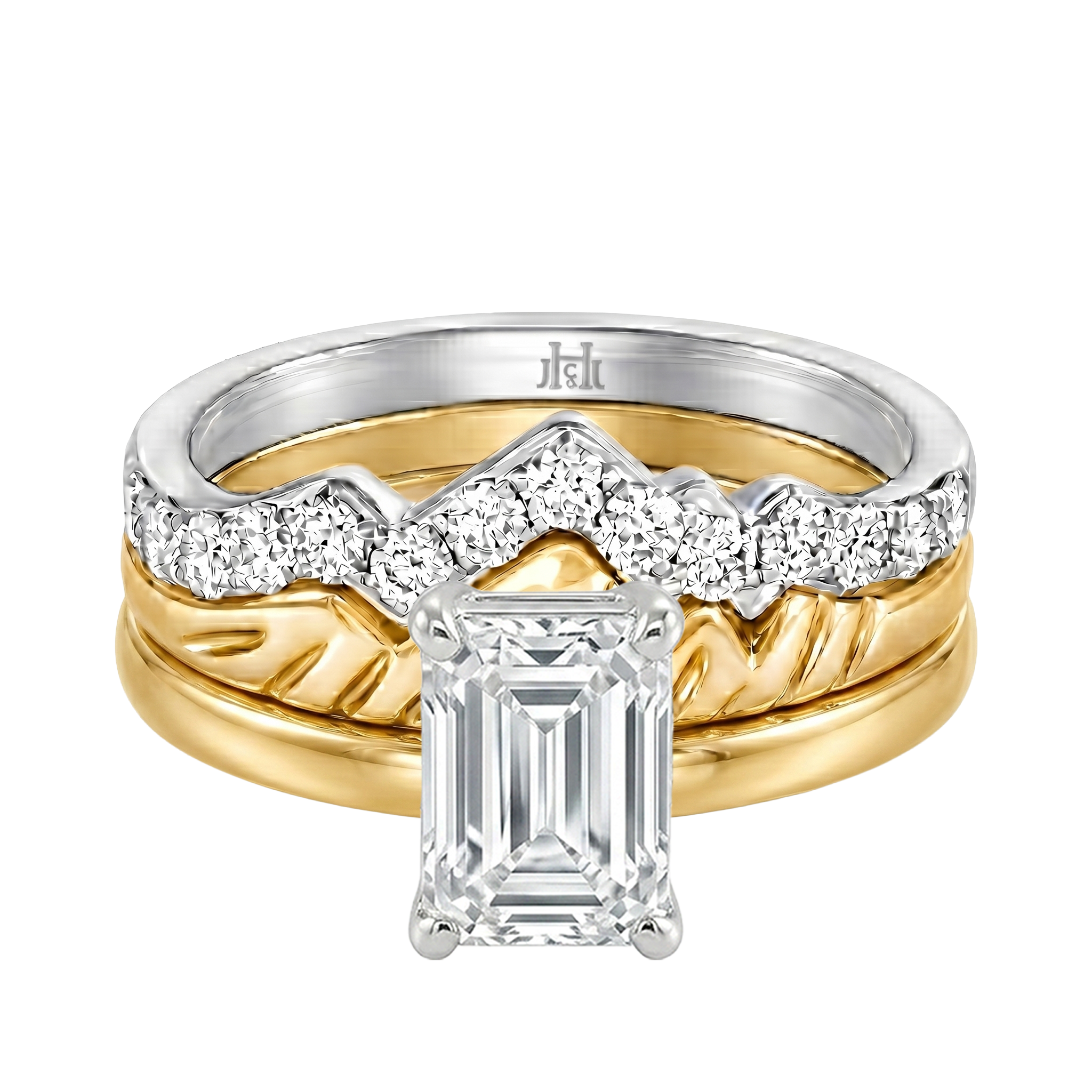 Le Grande Teton Emerald Cut Diamond Solitaire Engagement Trio Stack Rings in 18K Gold - Jackson Hole Jewelry Company
