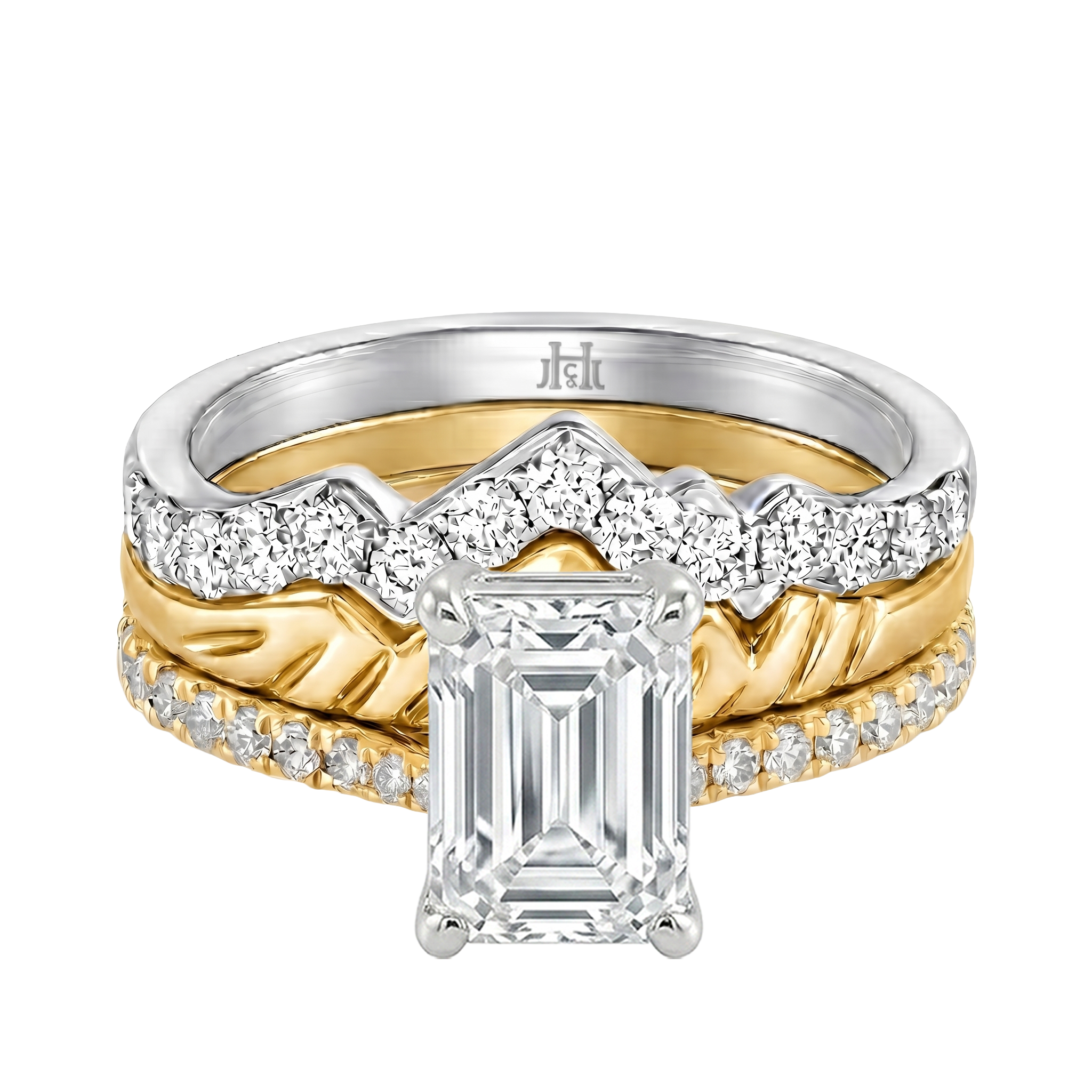 Le Grande Teton Emerald Cut Diamond Solitaire Engagement Trio Stack Rings with Pavé Set in 18K Gold - Jackson Hole Jewelry Company