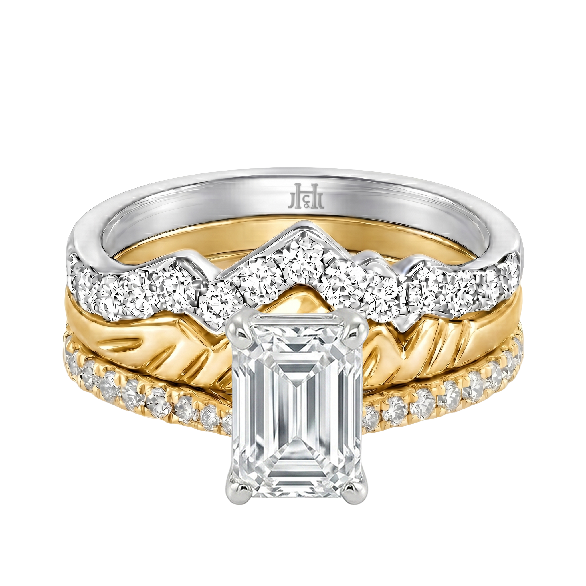 Le Grande Teton Emerald Cut Diamond Solitaire Engagement Trio Stack Rings with Pavé Set in 18K Gold - Jackson Hole Jewelry Company