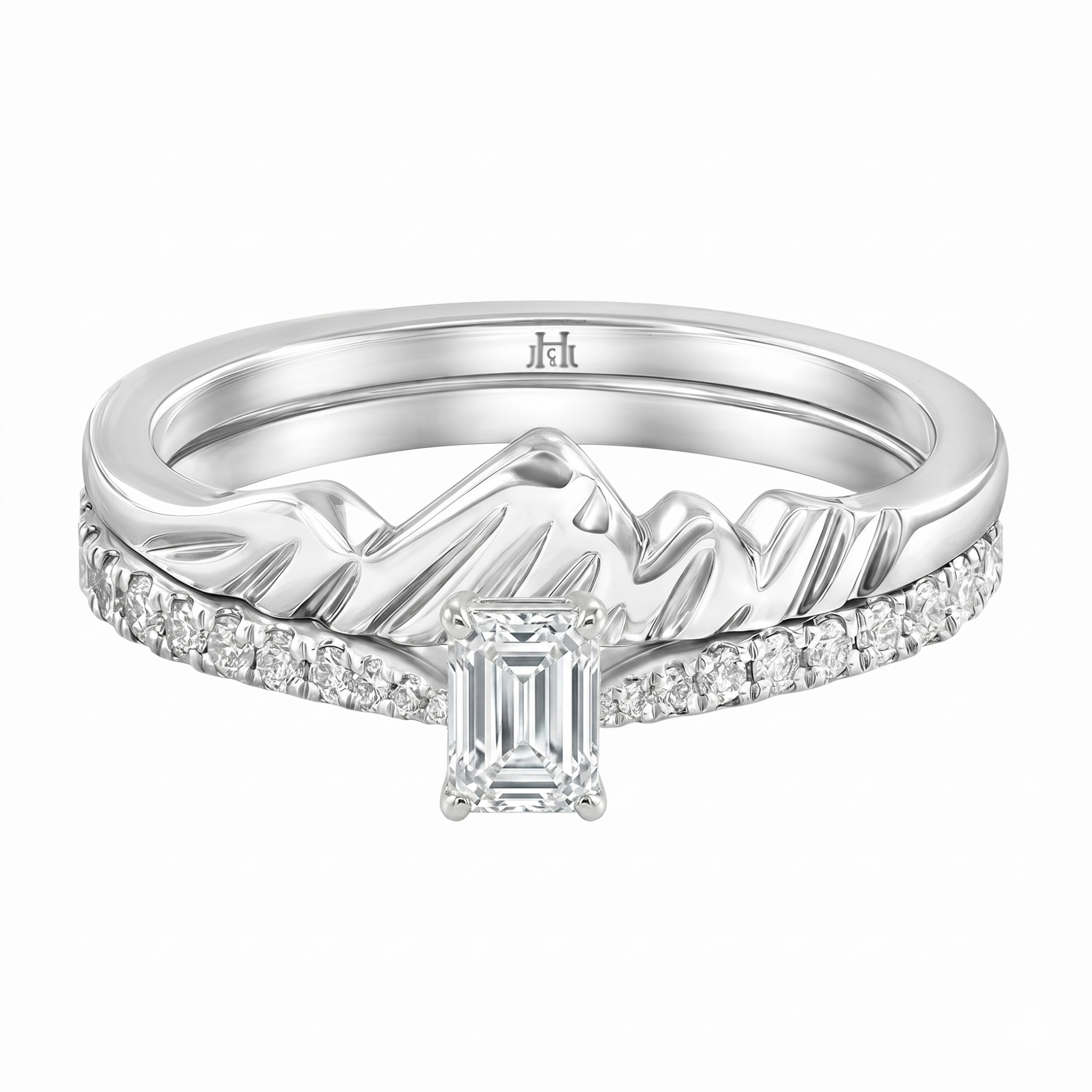 Le PeTeton Emerald Cut Diamond Solitaire Engagement Dúo Stack Rings with Pavé Set in 18K Gold - Jackson Hole Jewelry Company