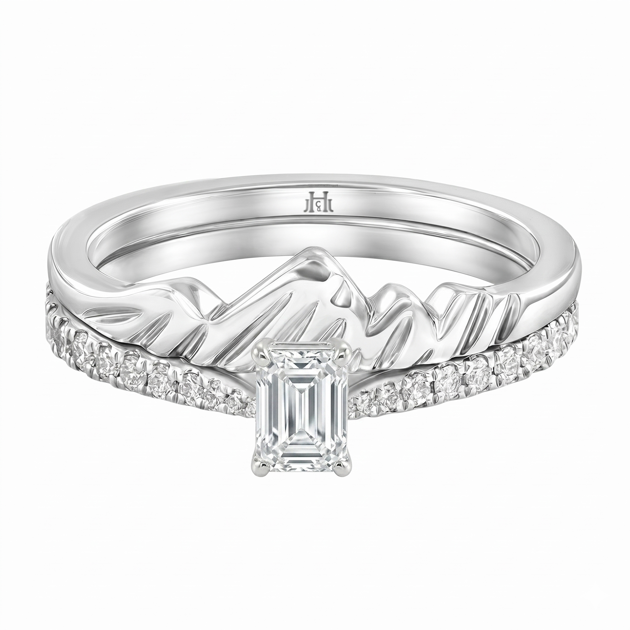 Le PeTeton Emerald Cut Diamond Solitaire Engagement Dúo Stack Rings with Pavé Set in 18K Gold - Jackson Hole Jewelry Company