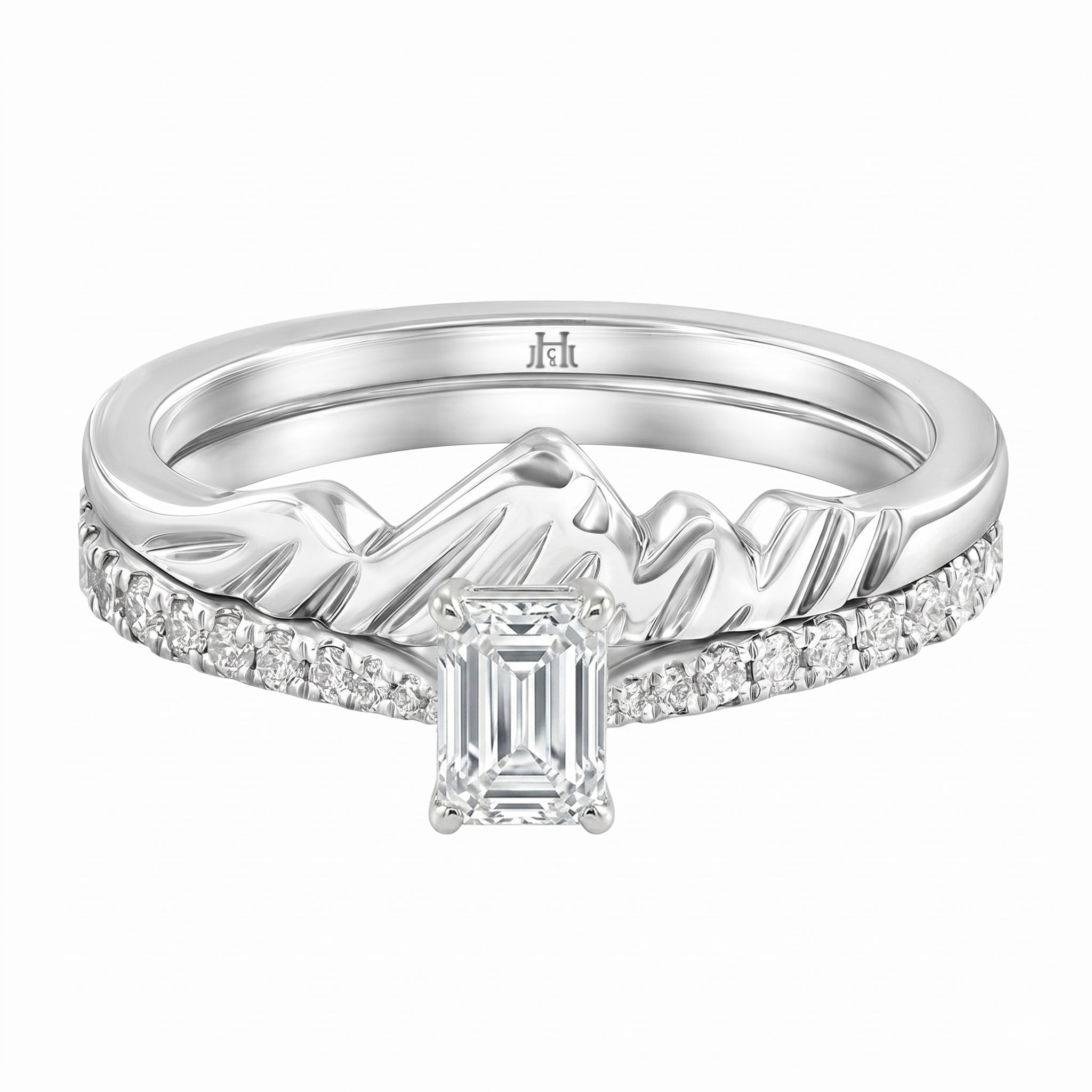 Le PeTeton Emerald Cut Diamond Solitaire Engagement Dúo Stack Rings with Pavé Set in 18K Gold - Jackson Hole Jewelry Company