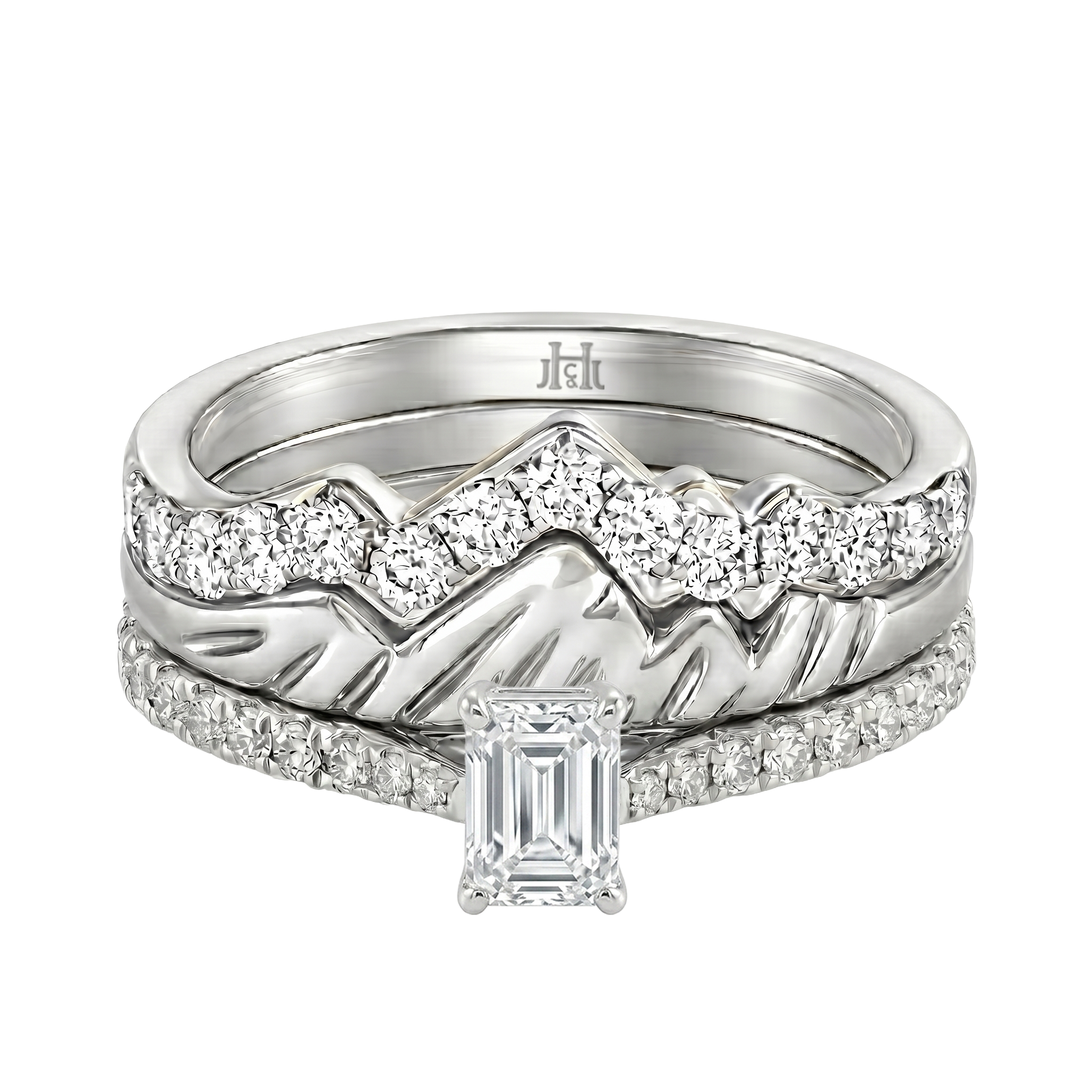 Le PeTeton Emerald Cut Diamond Solitaire Engagement Trio Stack Rings with Pavé Set in 18K Gold - Jackson Hole Jewelry Company