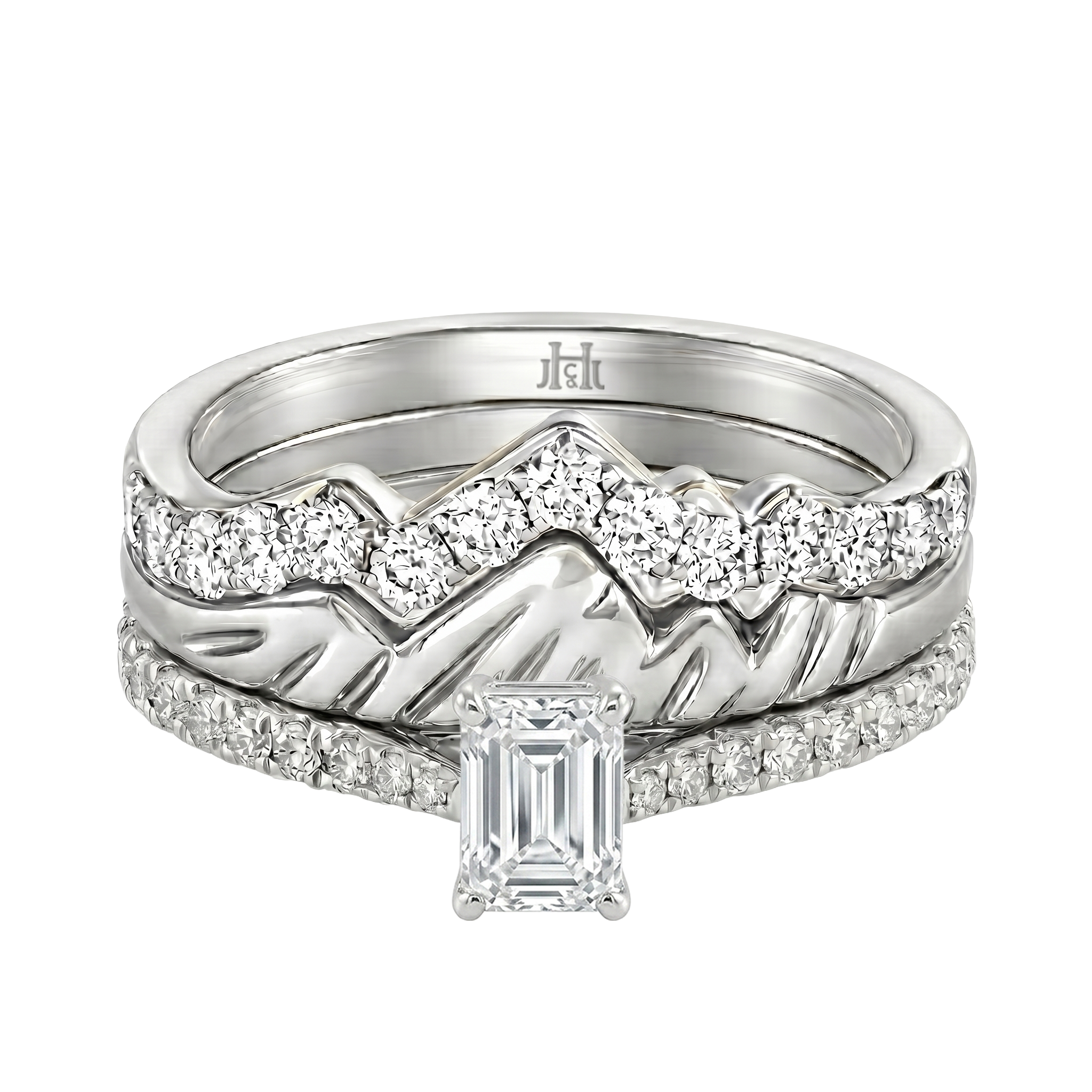 Le PeTeton Emerald Cut Diamond Solitaire Engagement Trio Stack Rings with Pavé Set in 18K Gold - Jackson Hole Jewelry Company