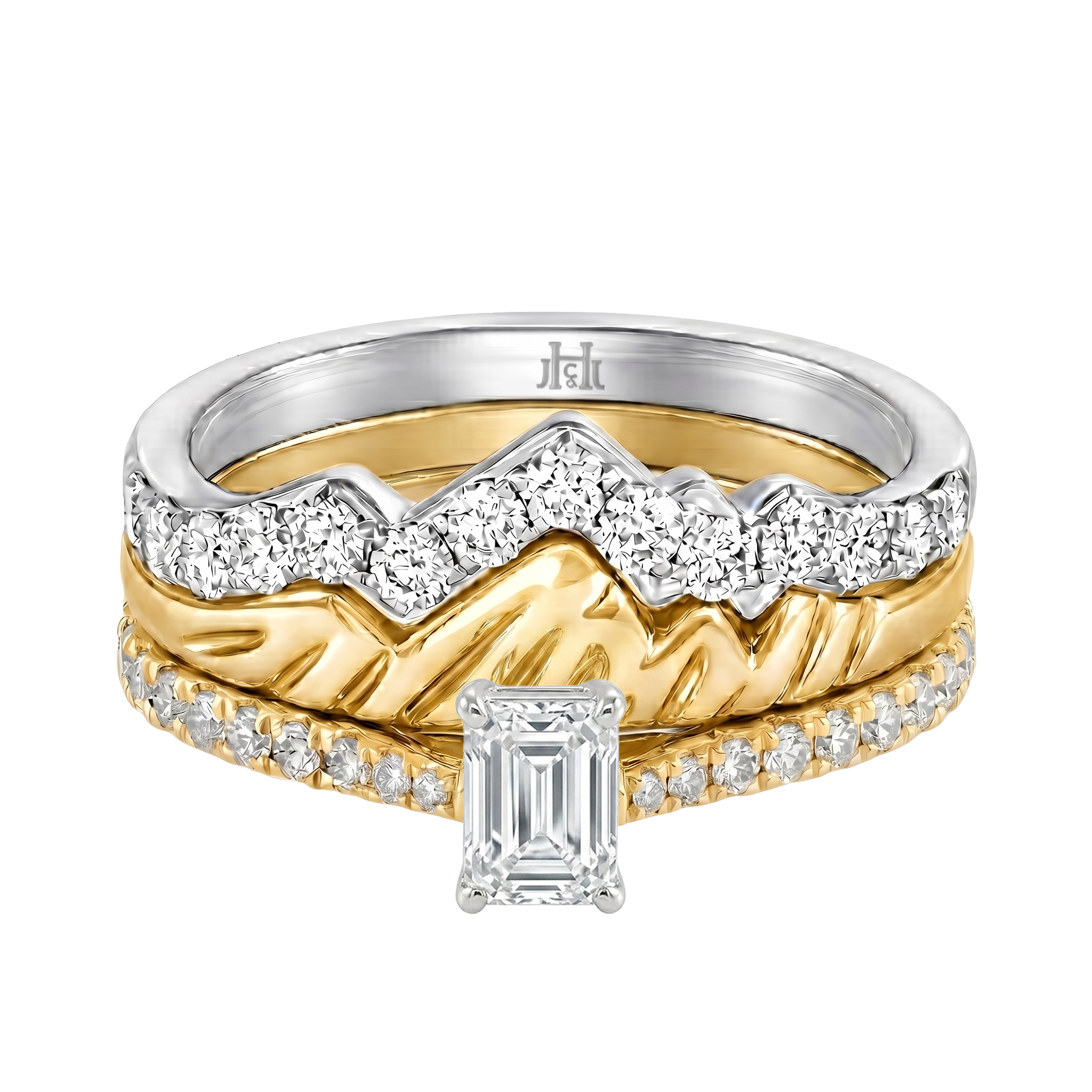 Le PeTeton Emerald Cut Diamond Solitaire Engagement Trio Stack Rings with Pavé Set in 18K Gold - Jackson Hole Jewelry Company